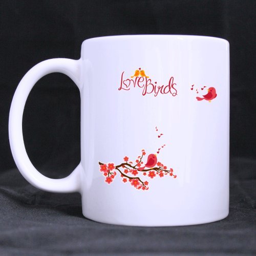 Ceramic White Mug with Lovely Pink Love Birds Design - 11 Ounce Coffee Mug - Perfect Gift for Valentine's Day, Anniversaries, or Daily Coffee Breaks