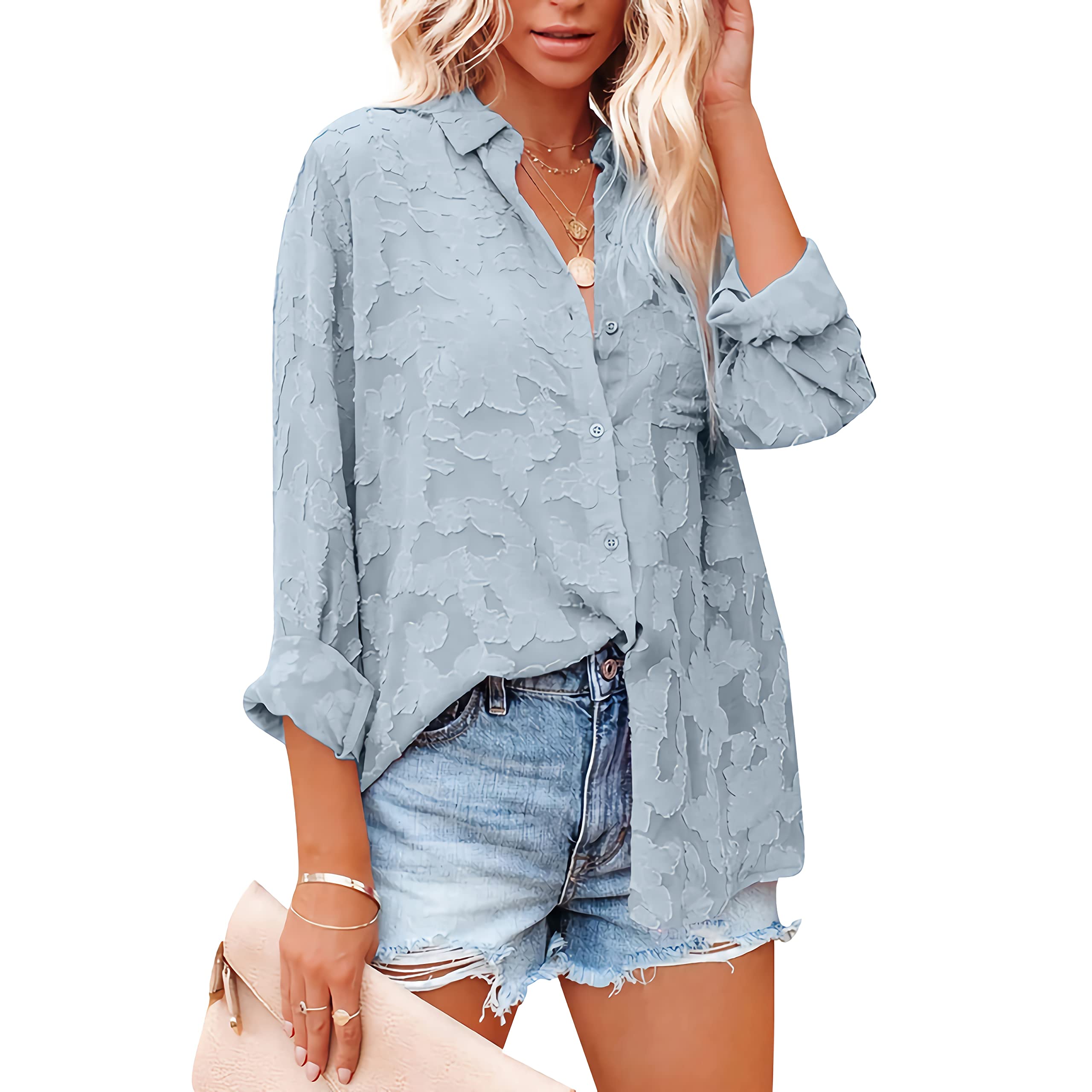 Tendwa Women's Chiffon Blouse - V Neck Lace Trim Button Down Shirt, Long Sleeve Fitted Top for Casual Wear | Office, Date Night & Spring Outfits