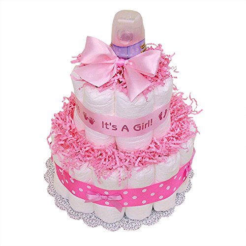 2-Tier Pink Diaper Cake for Baby Shower - Classic Baby Girl Gift, Newborn Welcome Present, Baby Shower Centerpiece & Decoration | Perfect for Gender Reveal, First Birthday, or Nursery Decor