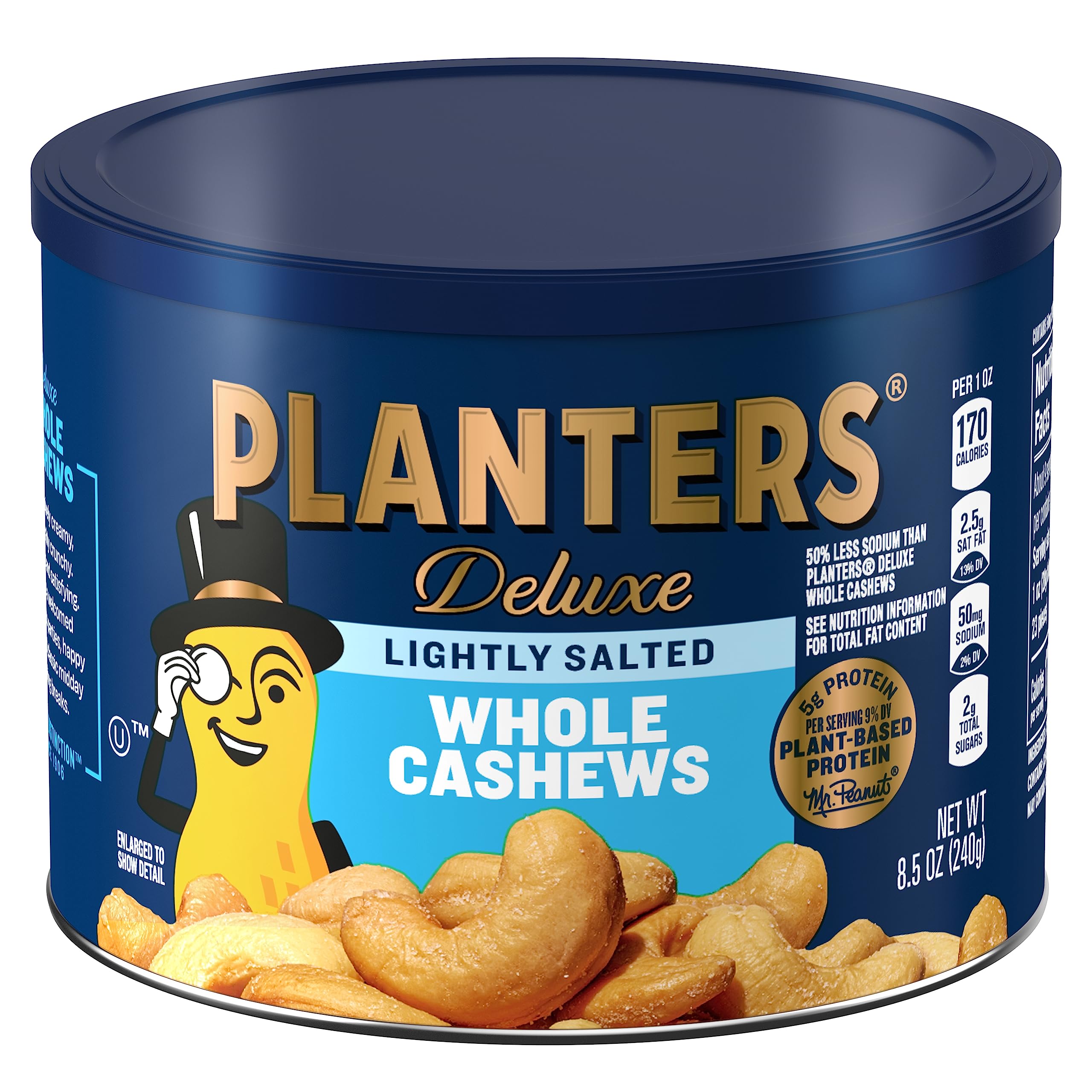 Planters Lightly Salted Whole Cashews (8.5 oz Canister) - Premium Quality Unsalted Cashew Nuts for Snacking, Baking & Cooking - Perfect for Office Snacks, Trail Mix & Healthy Recipes