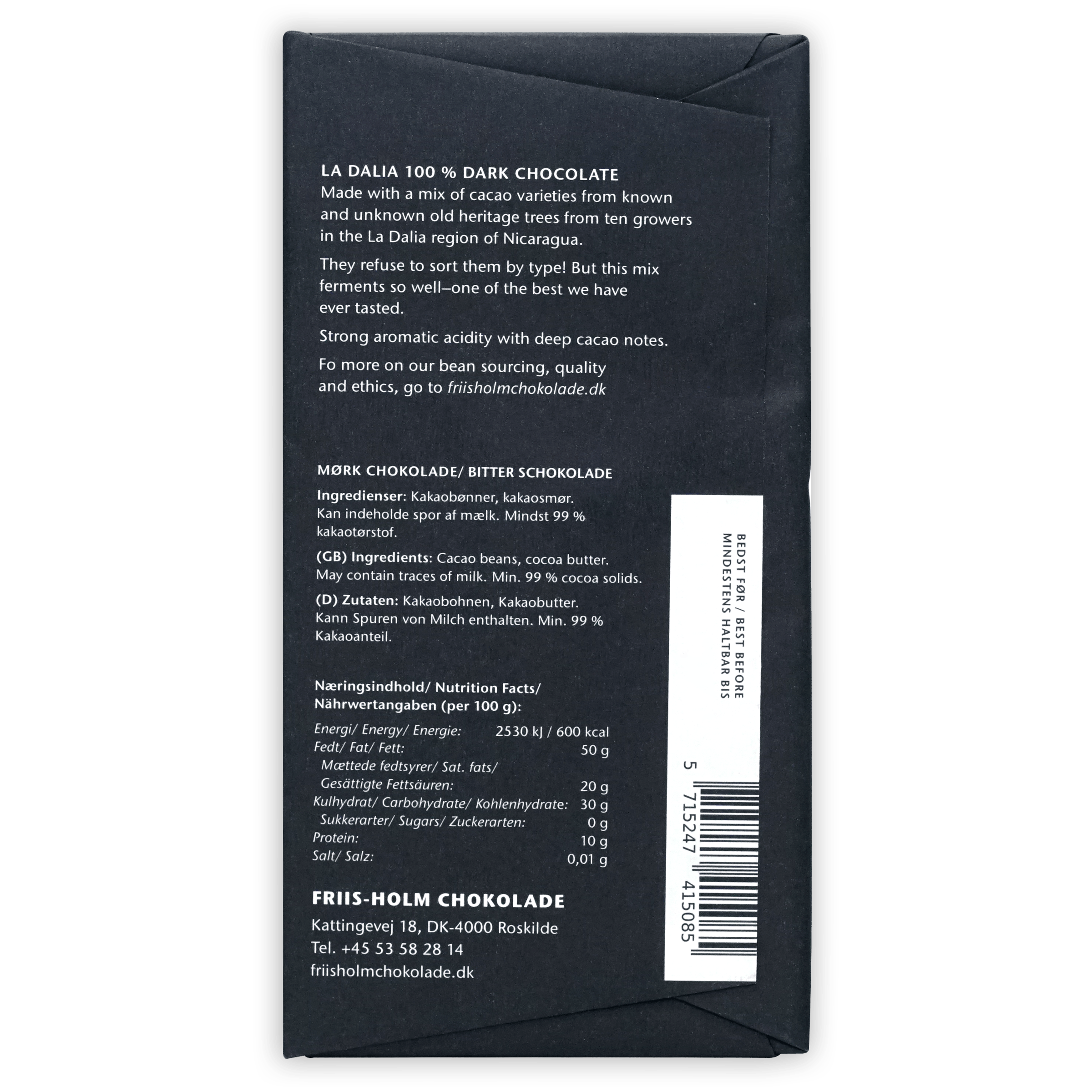 Friis Holm Dark Blend La Dalia 100% Premium Dark Chocolate Bar - Rich Cocoa Flavor for Gourmet Desserts & Gifting