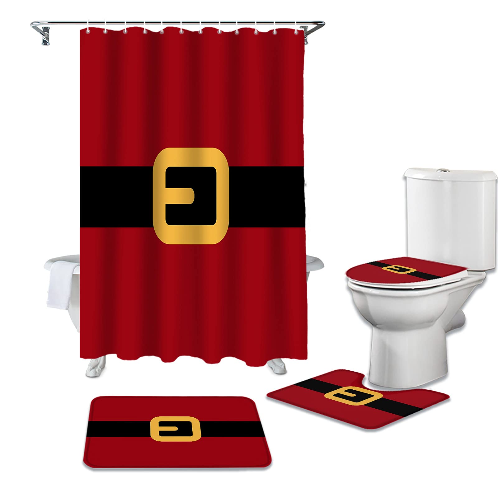 4PCS Non-Slip Bathroom Mat Set - Yellow & Black Santa Belt Christmas Decor with Shower Curtain & Toilet Cover | Holiday Bath Mats for Festive Home Decor, Perfect for Christmas Bathroom Safety and Cozy Winter Atmosphere