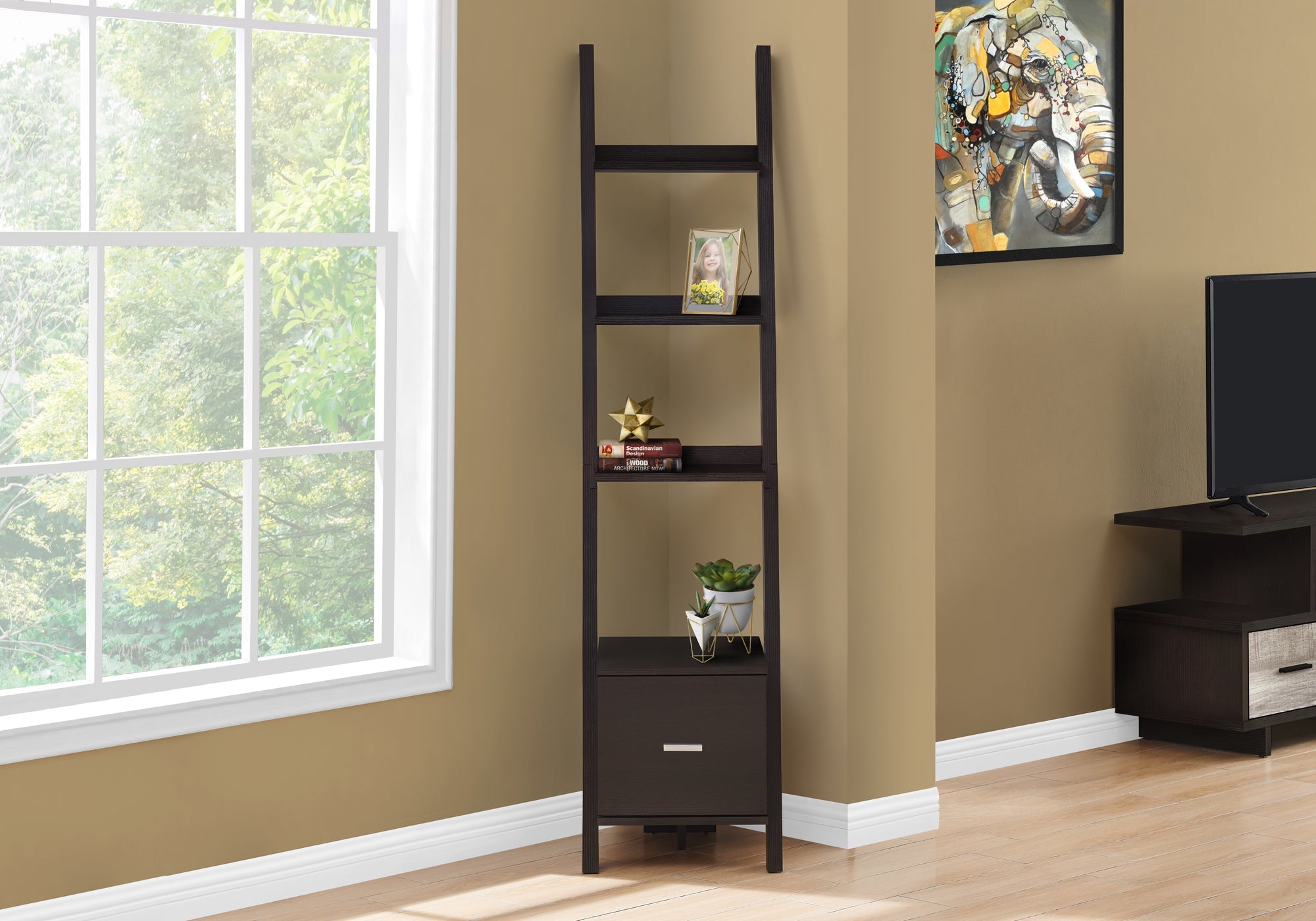 69H Cappuccino Corner Bookcase with Drawer - Stylish Storage for Living Room, Bedroom & Office