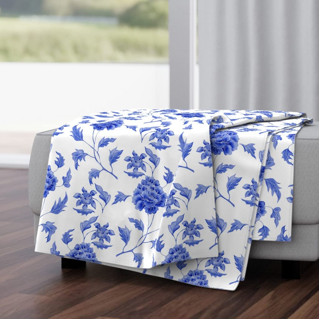Soft Plush Minky Throw Blanket 50x70 Inches - Chinese Blue White Peony Floral Print Cozy Blanket for Bed, Sofa & Home Decor