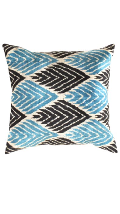 Blue Turkish Velvet Ikat Pillow Cover 24x24 Inch - Bohemian Home Decor for Sofa, Bed & Living Room