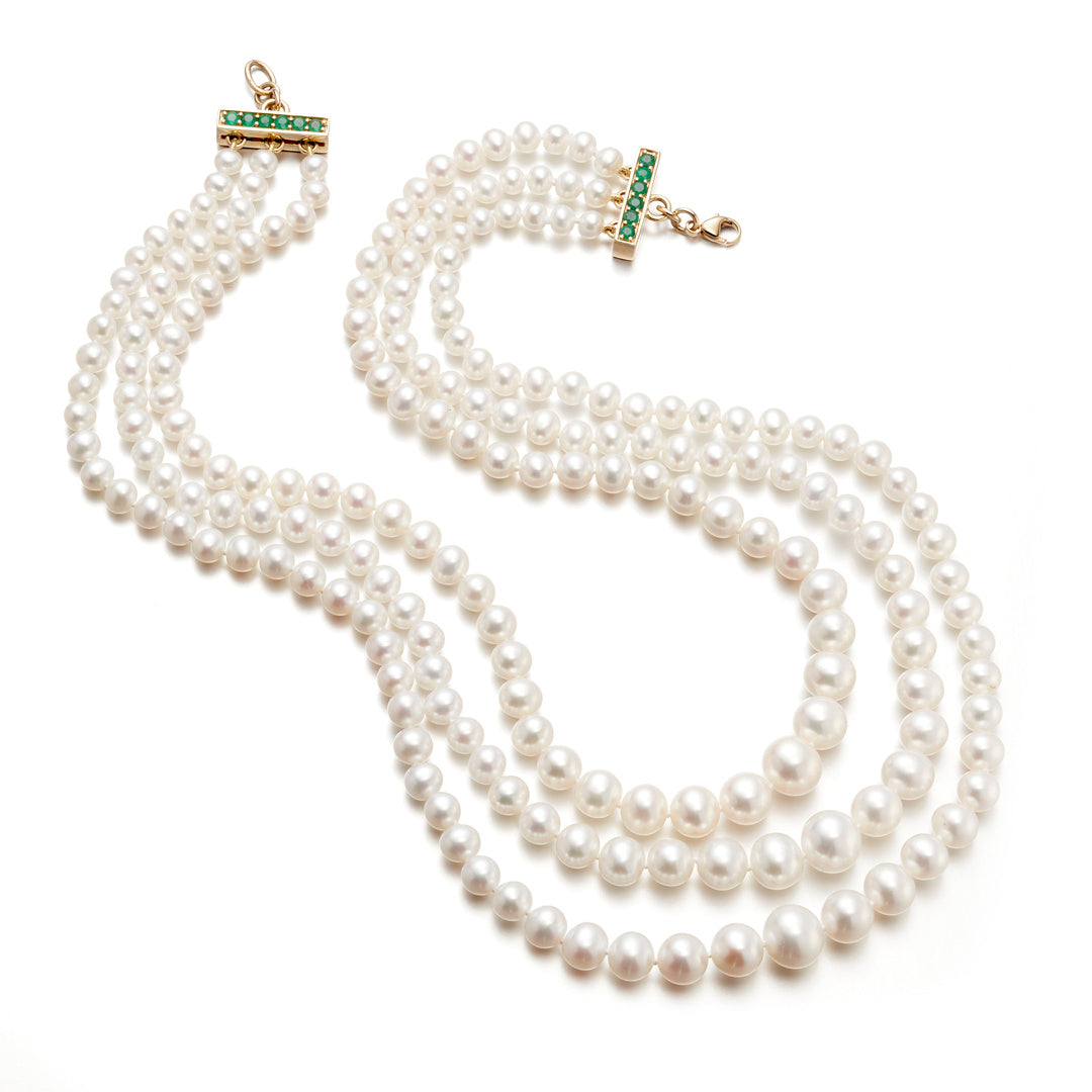 4mm-9mm Graduated Pearl 3 Strand Necklace with Emerald Clasp - Elegant Jewelry for Weddings, Parties & Special Occasions