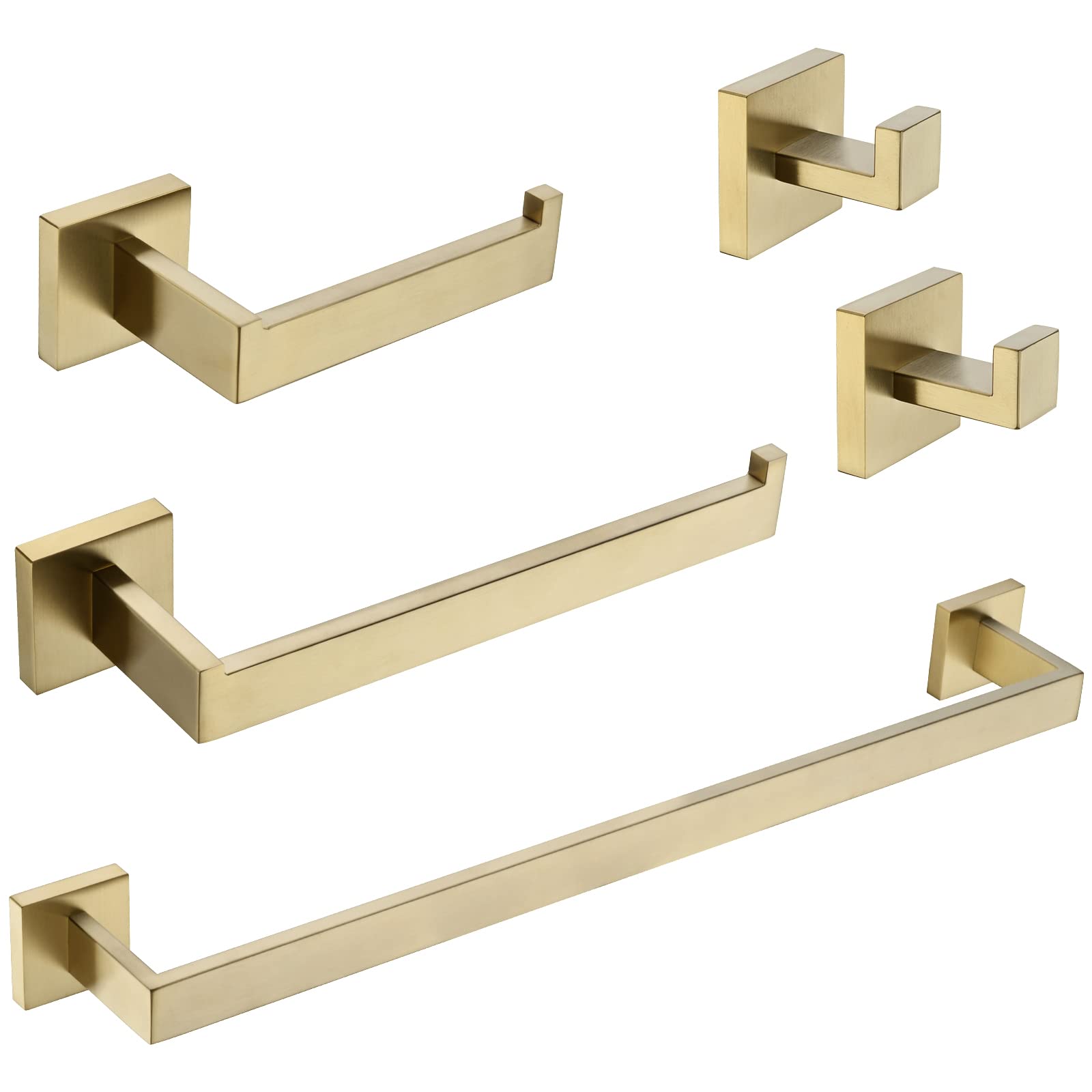 DIKUROOMS 5-Piece Bathroom Hardware Set - SUS304 Stainless Steel Square Wall Mounted Towel Bar, Robe Hook & Toilet Paper Holder in Brushed Gold | Modern Bathroom Accessories for Home & Hotel Decor