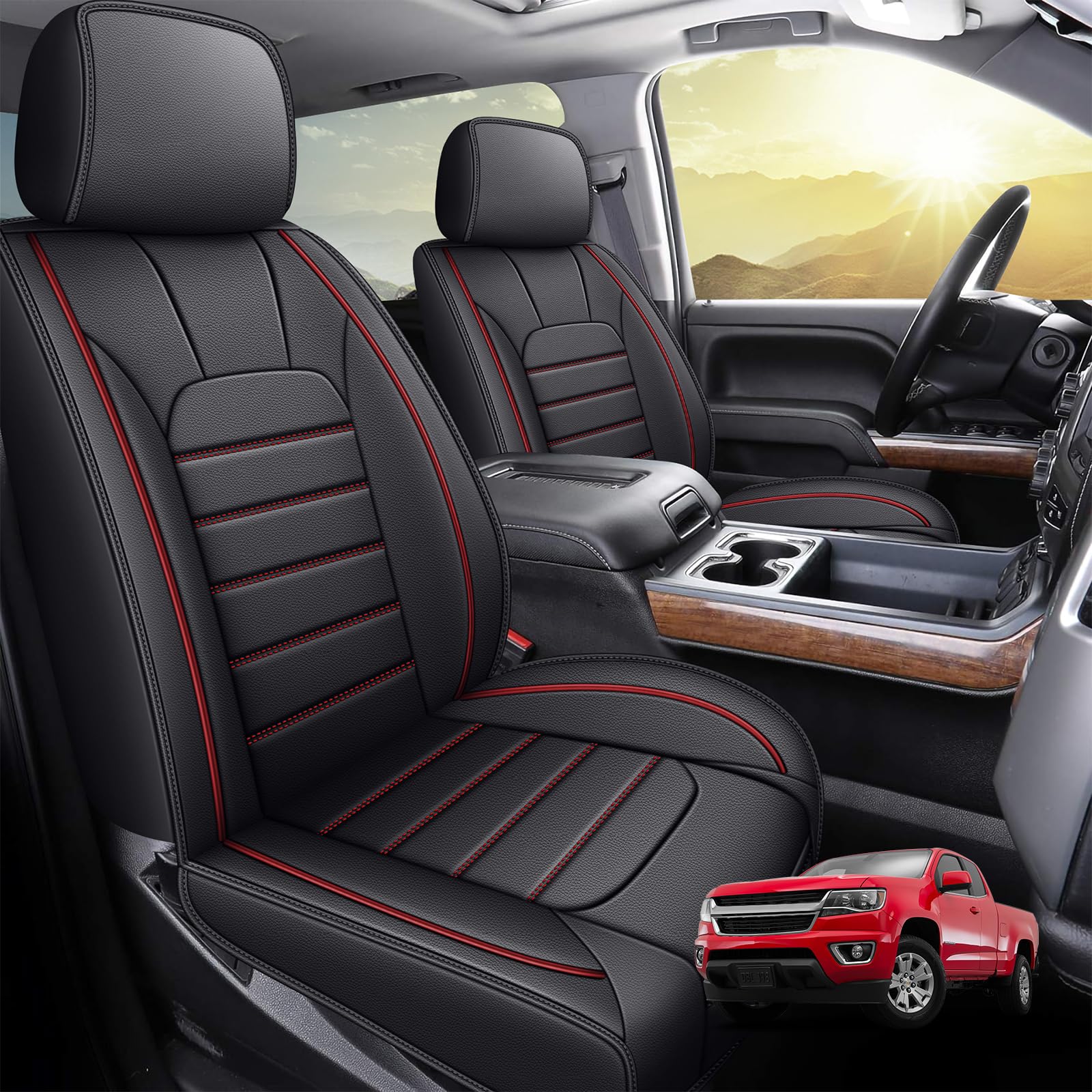 Custom Fit Leather Seat Covers for 2019-2025 Chevy Silverado & GMC Sierra 1500/2500HD/3500HD - Trail Boss Z71 Crew/Extended Cab - Premium Redline Full Set - Perfect for Off-Roading, Daily Commuting & Truck Protection