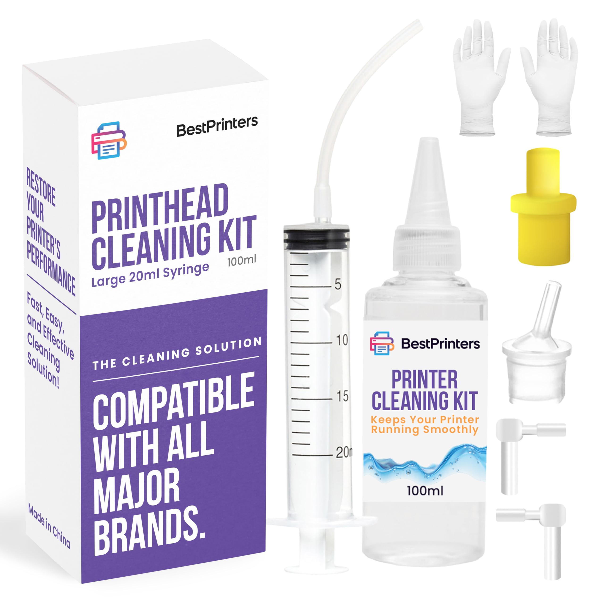 Premium Printer Cleaning Kit for Epson, HP, Brother Inkjet Printers - 100ml Cleaning Fluid with 20ml Syringe | Printhead Cleaner & Maintenance Solution | Perfect for Home Office & Small Business Printing Needs