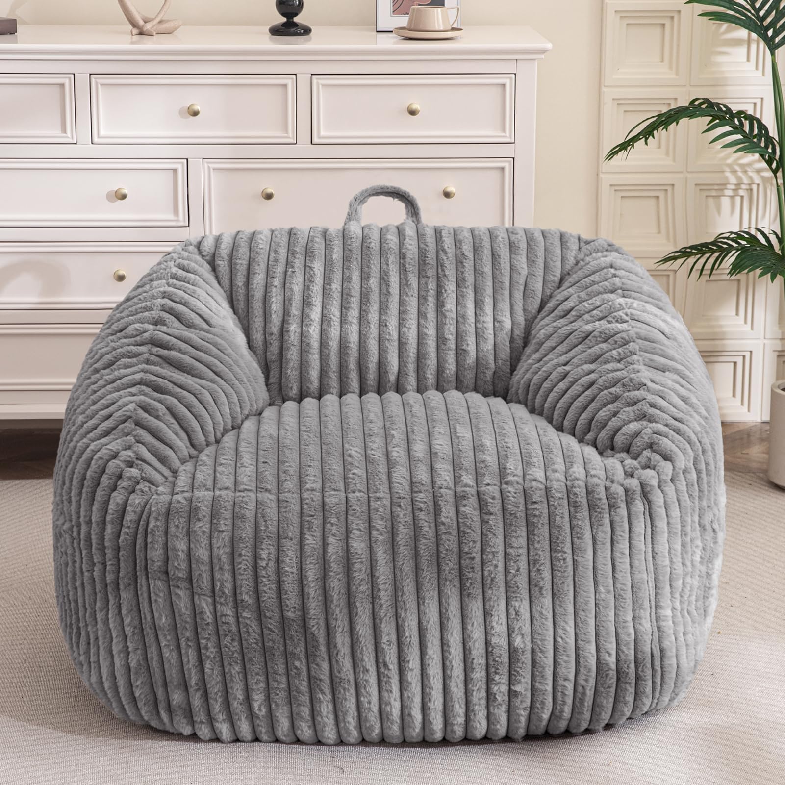 MAXYOYO Bean Bag Chair with Handle & Pocket - Soft Floor Sofa for Living Room, Bedroom, Dorm - Comfortable Grey Lounge Chair for Relaxing, Reading & Gaming