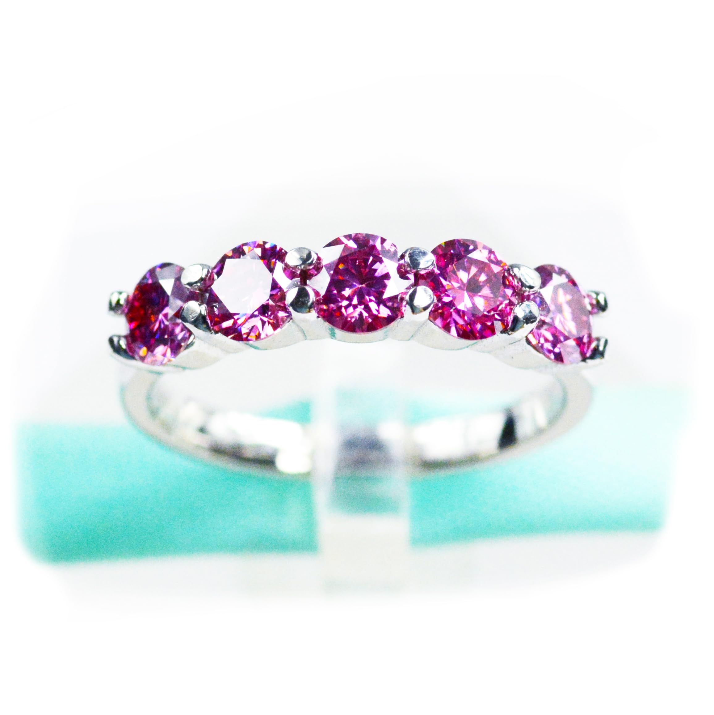 4MM Pink Moissanite Diamond Band Ring - 925 Sterling Silver 5-Stone Wedding Ring for Women Size 5.5 - Perfect for Engagement, Anniversary & Valentine's Day Gifts