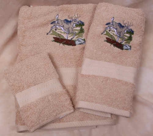Premium Embroidered White Tail Deer Design Beige Wash Hand Bath Towel Set - Soft & Absorbent for Spa, Bathroom, and Guest Use