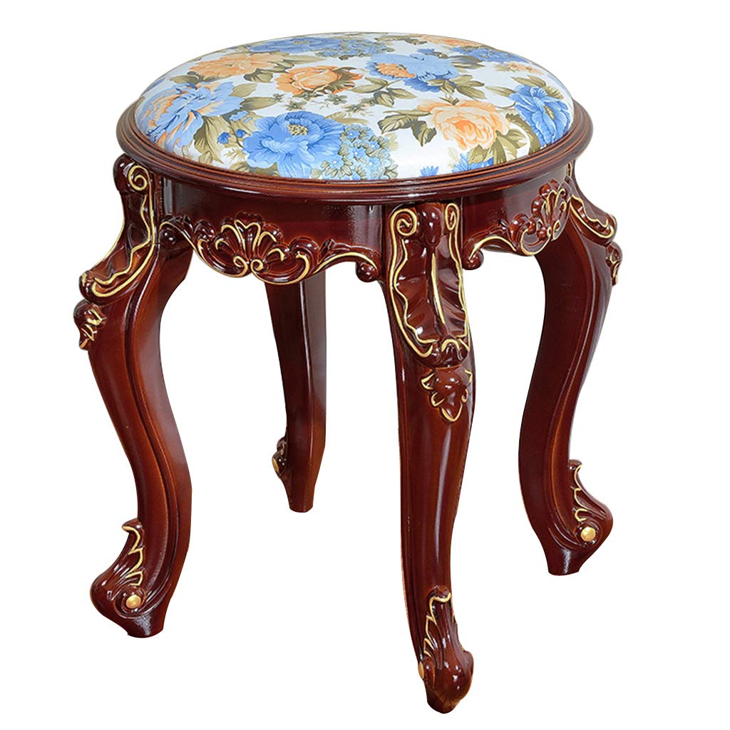 European Style Round Vanity Makeup Table with Cushion Padded Stool - White/Brown Dressing Bench for Bedroom, Boudoir & Beauty Salon | Perfect for Makeup, Hair Styling & Dressing Area