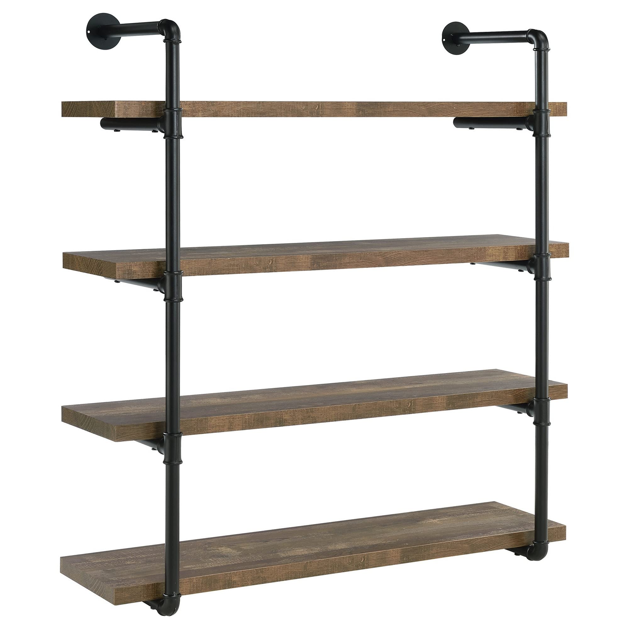 Benjara 4-Tier Wall Shelf with Industrial Pipe Design Frame - Rustic Brown Wood Floating Shelves for Living Room, Bathroom, Kitchen & Bedroom Storage