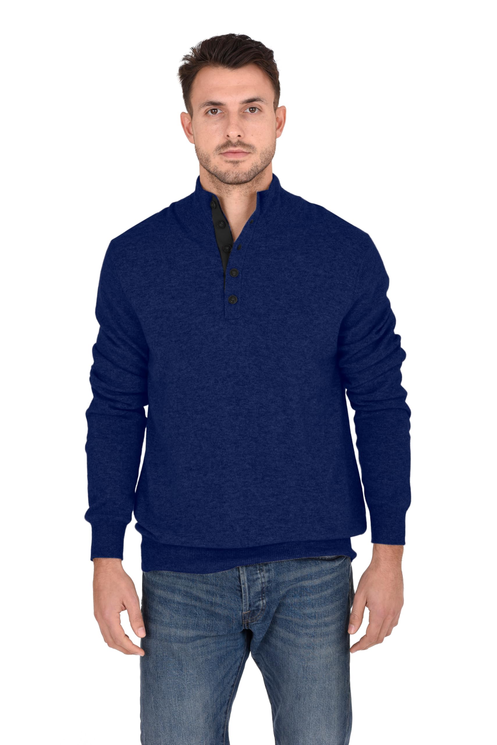 Premium 100% Pure Cashmere Men's Button-Up Polo Neck Sweater - Soft Mockneck Pullover for Business Casual & Winter Wear