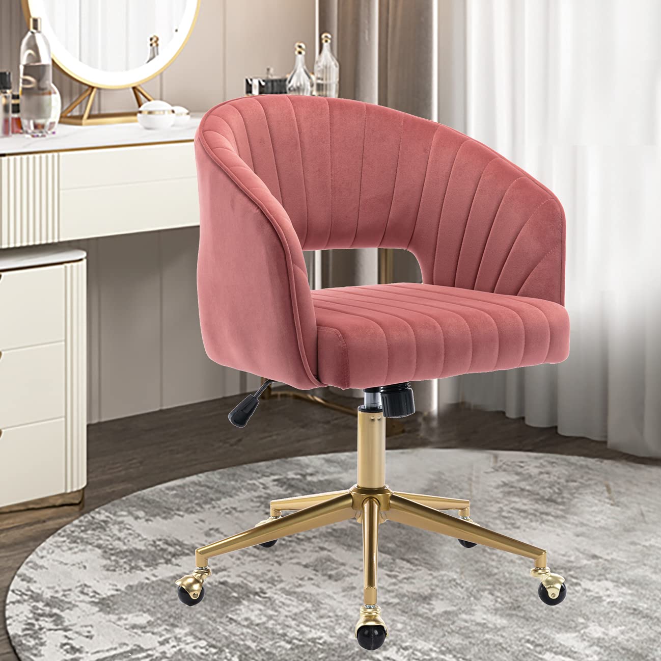 Elegant Velvet Swivel Office Chair for Women - Adjustable Tilt Back, Gold Base with Wheels, Pink Upholstered Computer Desk Chair for Home Office & Study Room - Perfect for Work, Gaming & Vanity Areas