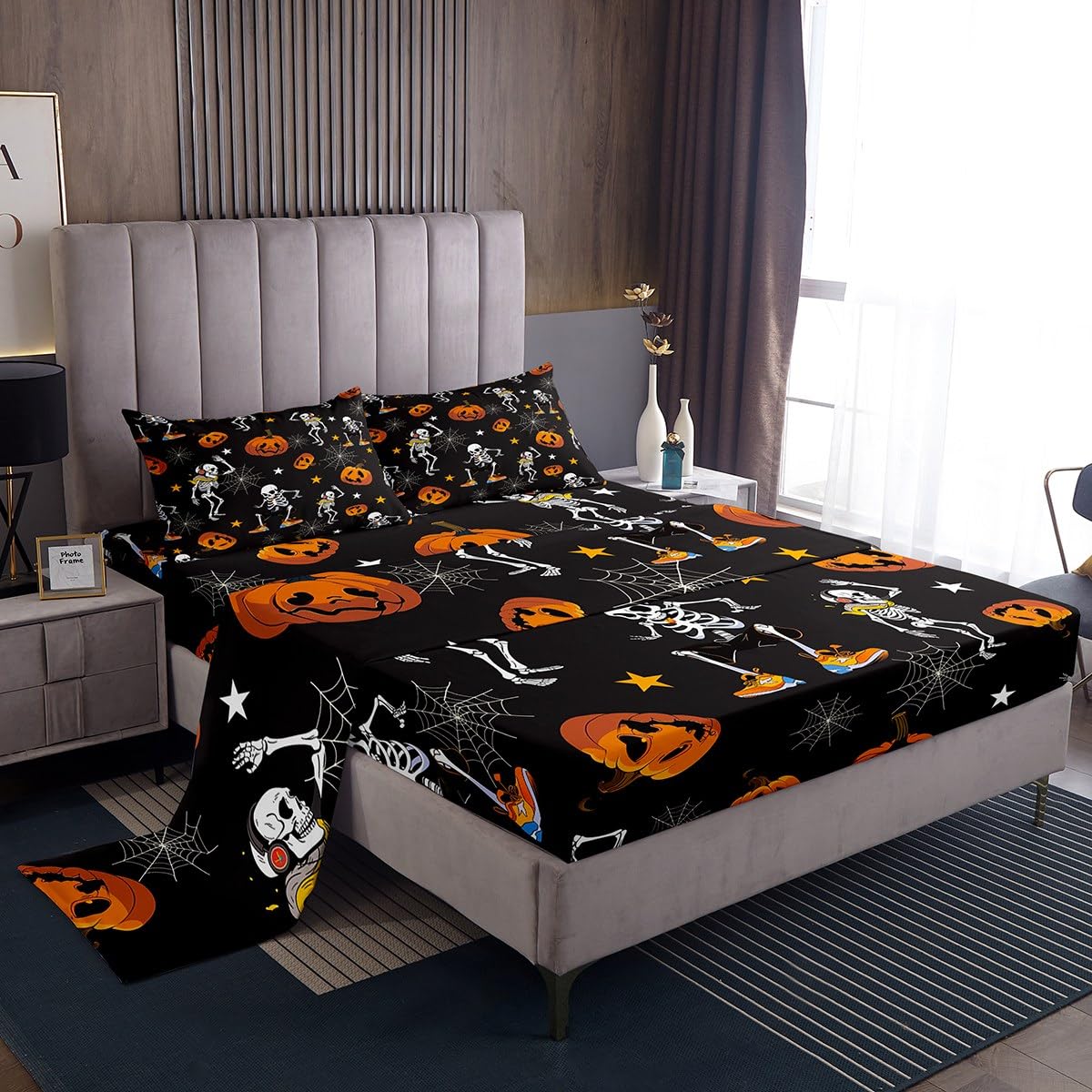 **Gothic Skull Bed Sheet Set Full Size - Halloween Skeleton Bedding for Boys, Teens & Men - Black Pumpkin, Spider Web & Stars Design - Fitted Sheet, Flat Sheet & 2 Pillowcases - Perfect for Spooky Bedroom Decor & Halloween Party Themes**