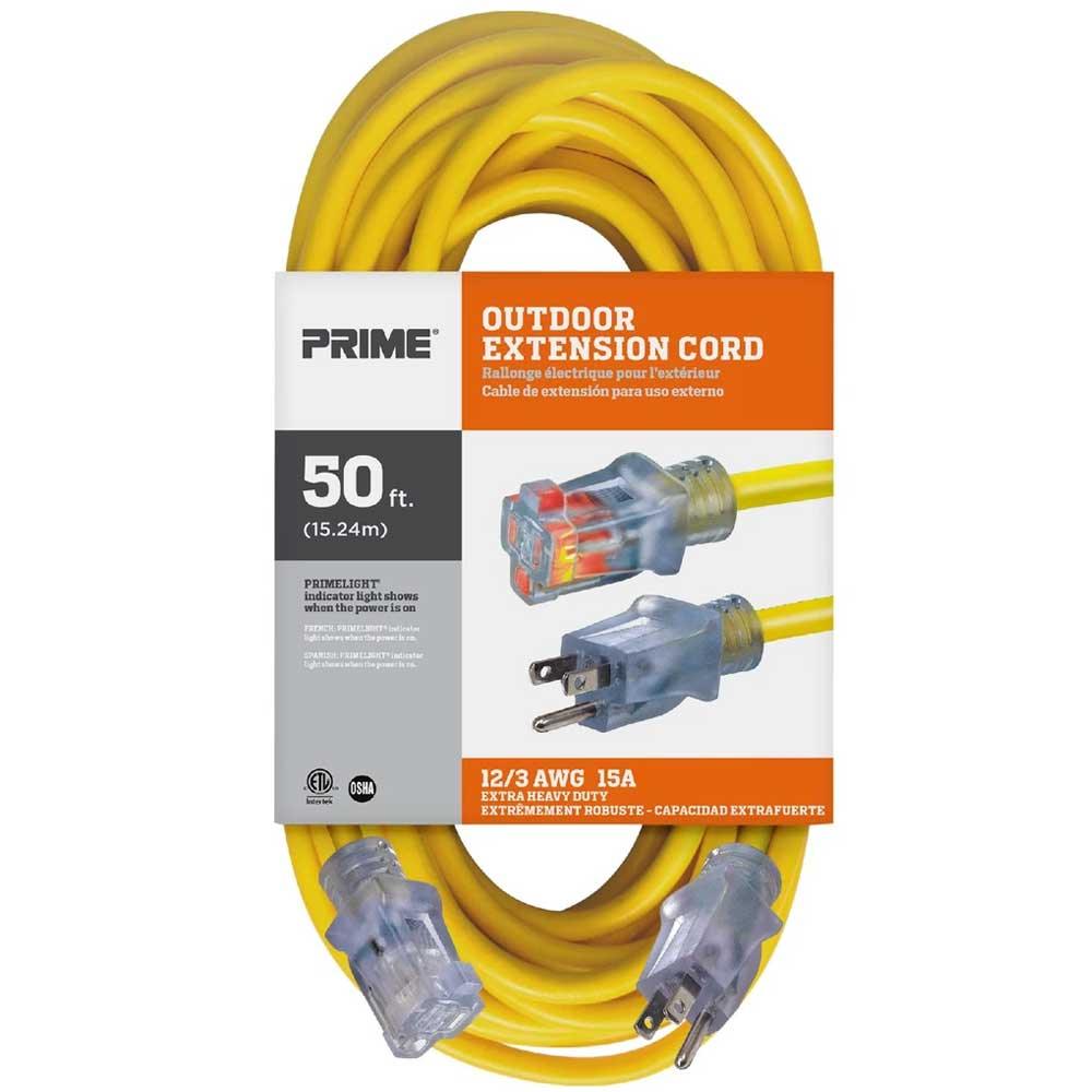 50 ft. Heavy Duty 12/3 Gauge SJTW Outdoor Extension Cord - Yellow, Weatherproof for Yard, Garden & Construction Power Tools