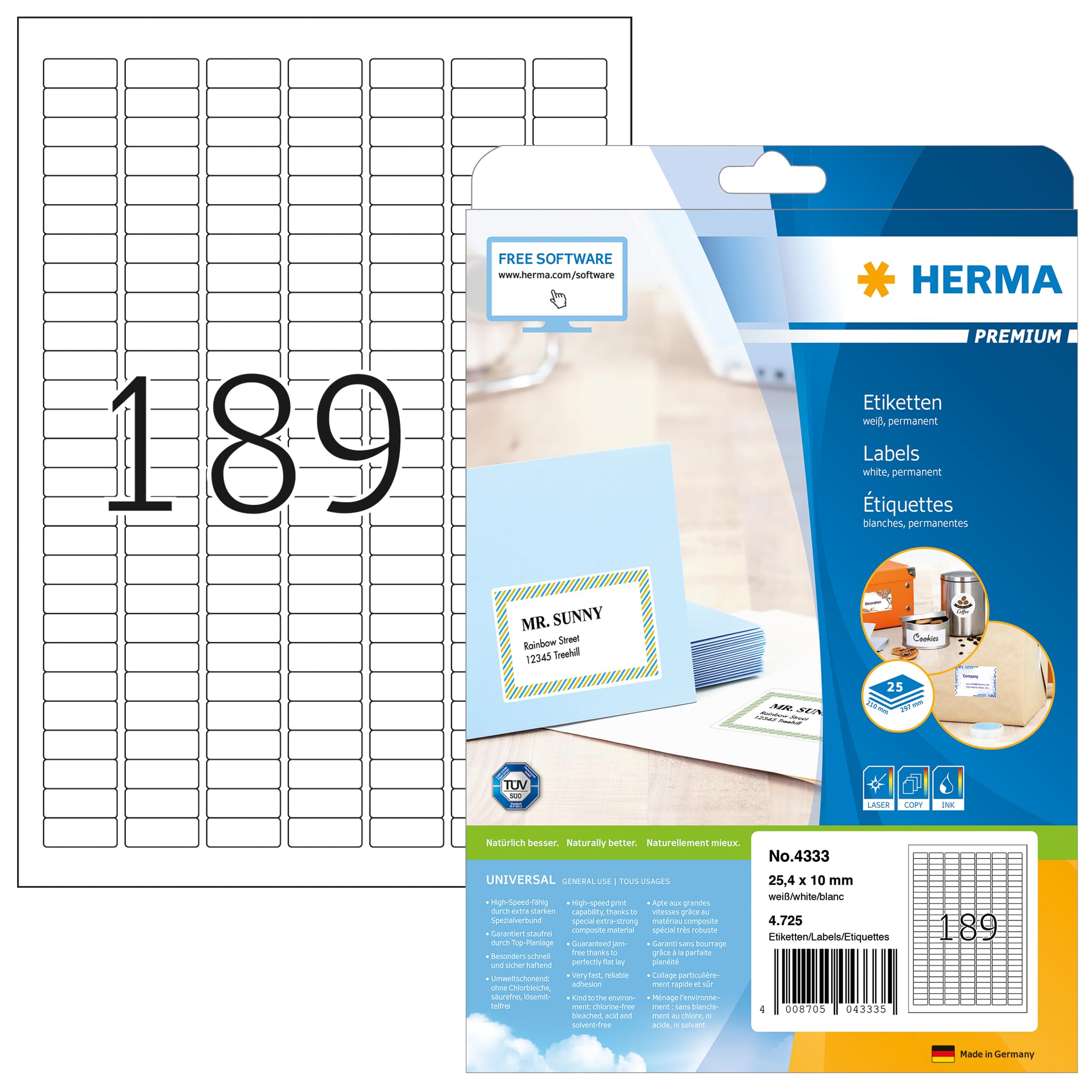 HERMA 4333 Self Adhesive Multipurpose Labels - 189 Labels per A4 Sheet, 25 Sheets (4725 Total), 25.4 x 10mm Blank White Stickers - Compatible with Laser & Inkjet Printers - Perfect for Office Organization, Shipping Labels, Product Packaging & Inventory Management