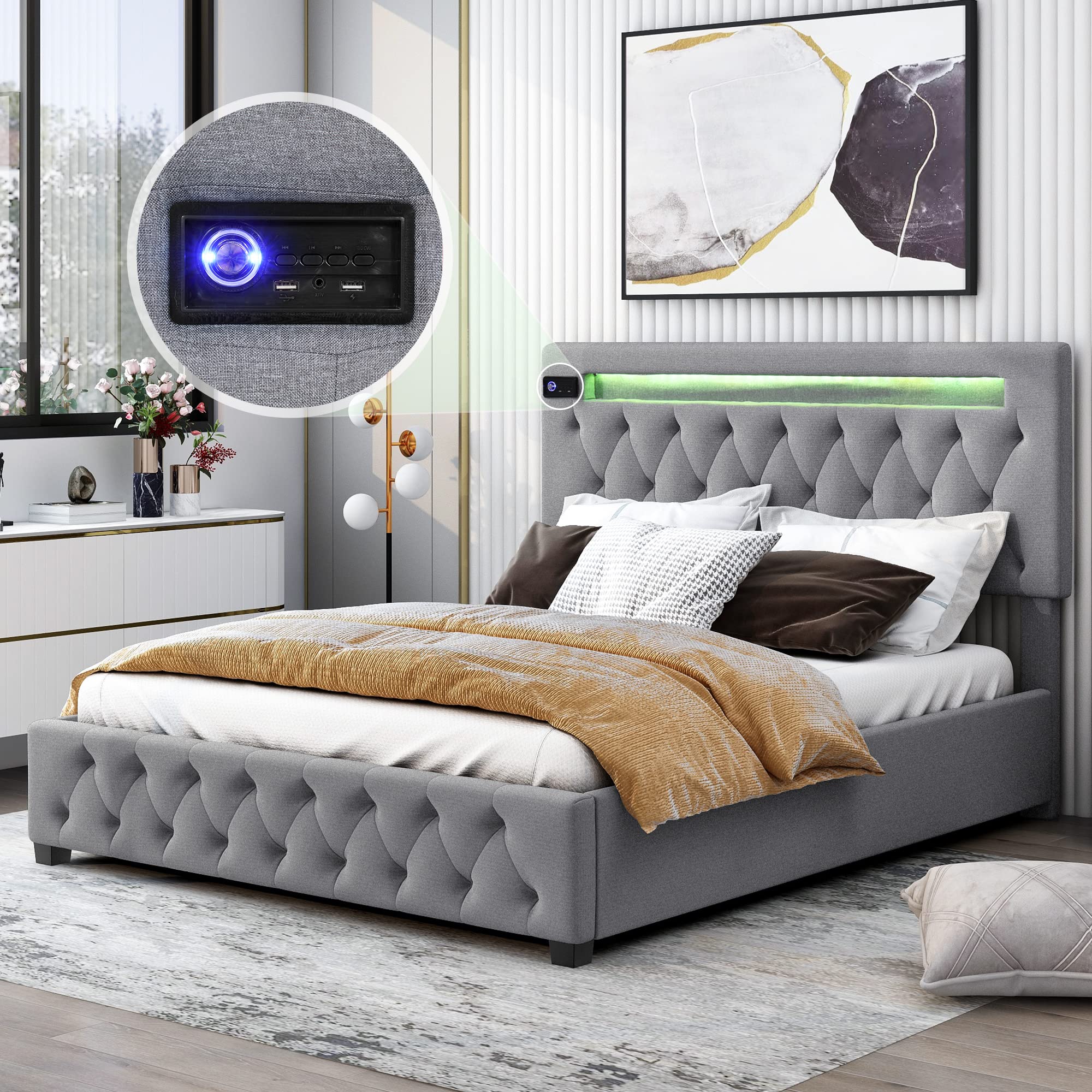 Queen Size Upholstered Storage Bed with Bluetooth Speakers, LED Lighting & USB Ports - Adjustable Headboard Linen Fabric Platform Bed Frame (Gray) for Modern Bedroom, Guest Room or Dormitory