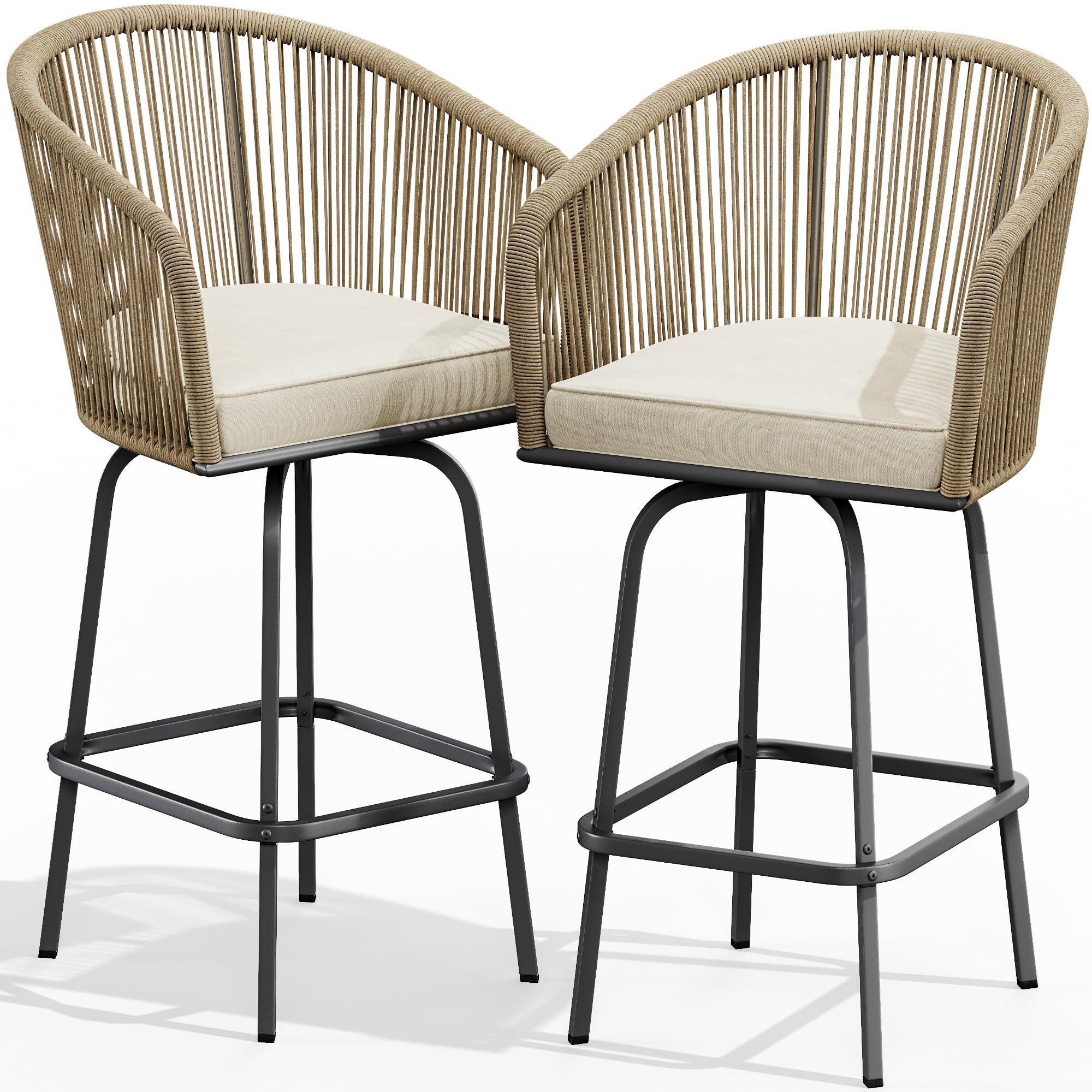 YITAHOME 2-Piece Outdoor Swivel Bar Stools Set with Soft Cushions - 360 Degree Rotating Woven Patio Chairs for Backyard, Poolside, Garden (Light Yellow & Beige) - Perfect for Entertaining, Relaxing & Outdoor Dining