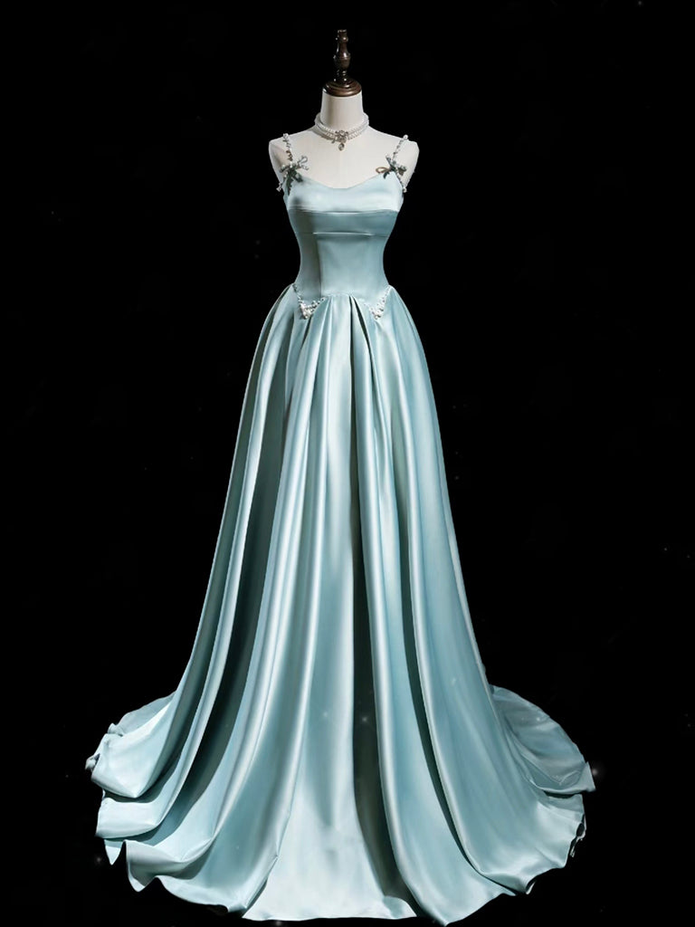 Elegant A-Line Blue Satin Long Prom Dress - Formal Evening Gown for Homecoming, Wedding & Special Occasions