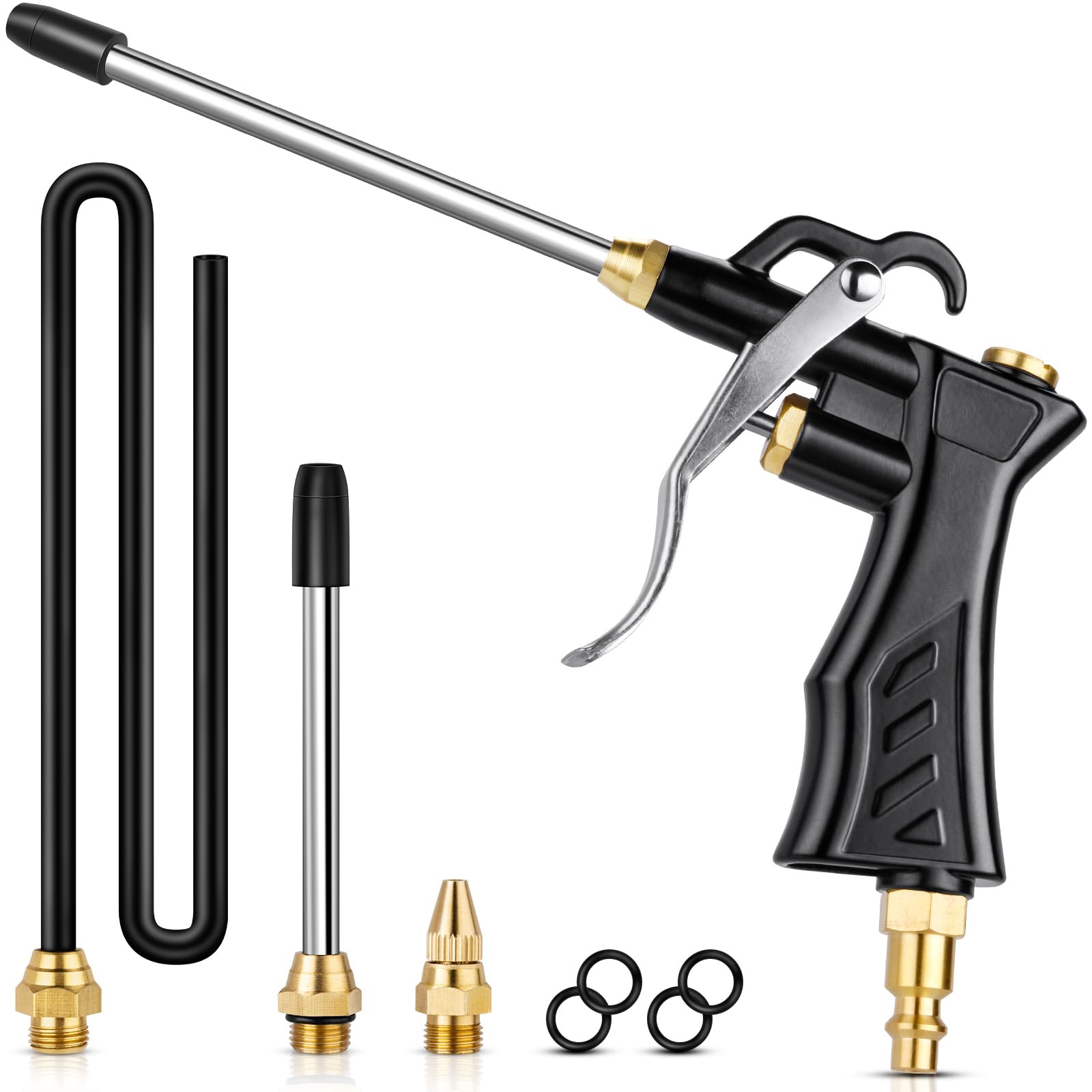 Industrial High Volume Air Blow Gun with Brass Adjustable Nozzle - 2 Steel Extensions & 13.7