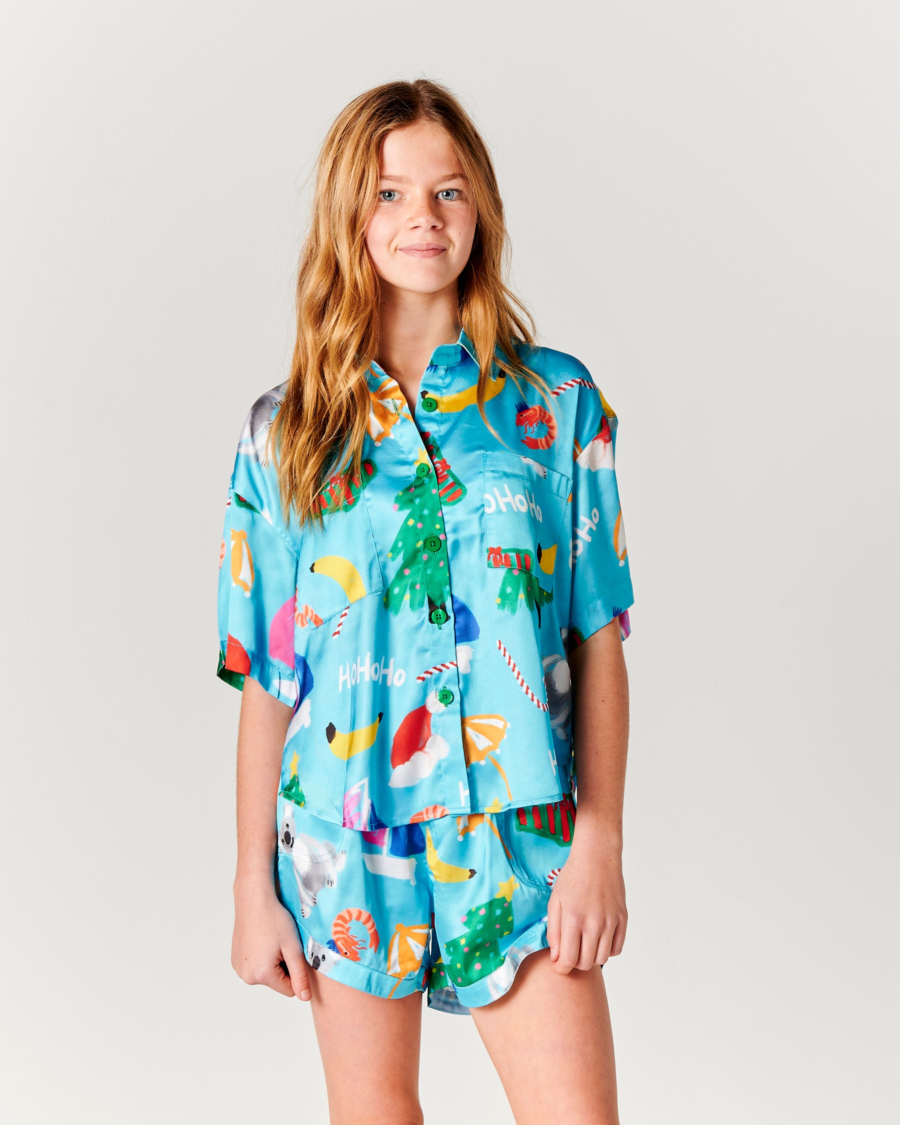 Christmas Icons Teen Eco-Friendly Satin Short Sleeve Pajama Set - Cozy Holiday Sleepwear for Girls, Festive Matching PJs for Christmas Morning & Winter Nights