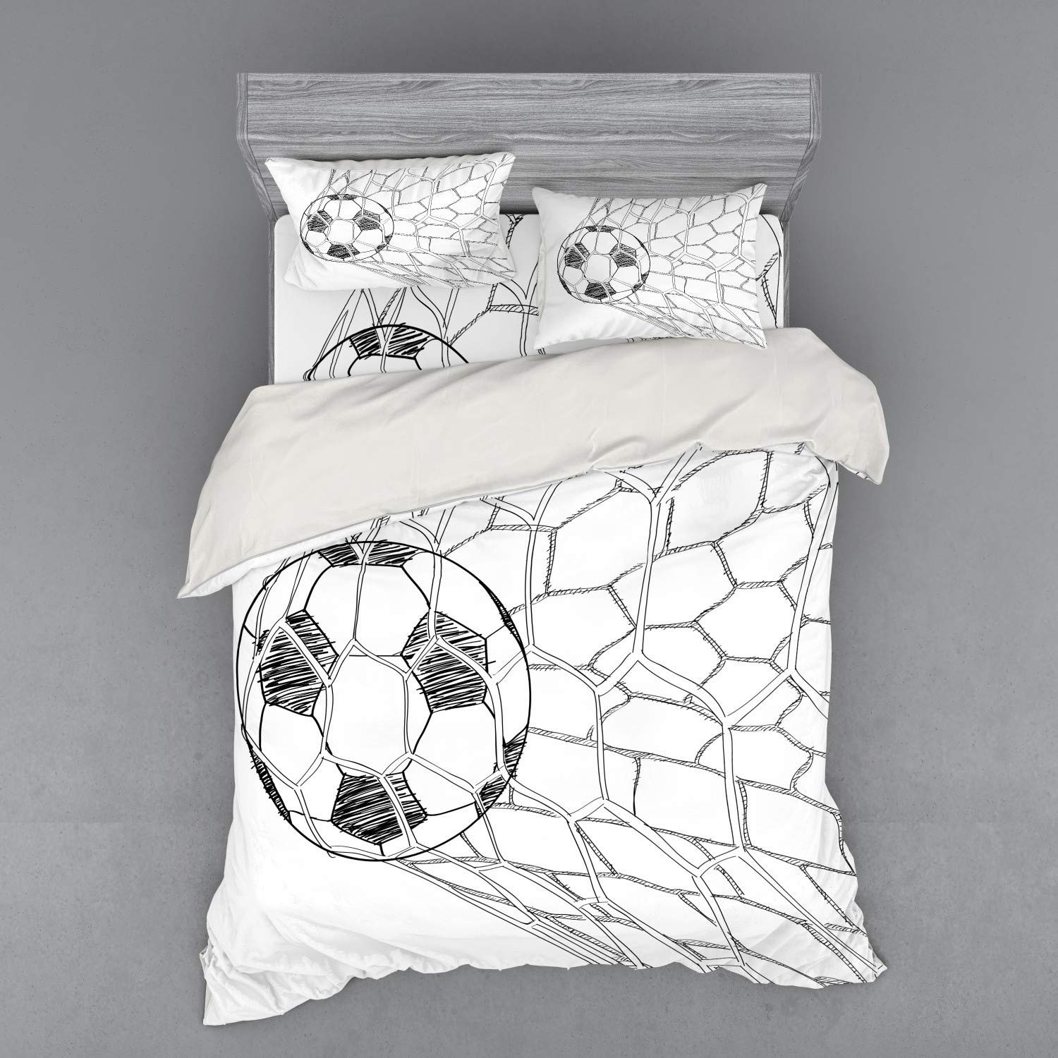 Ambesonne Soccer Duvet Cover Set - Soccer Ball in Net Goal Position Sports Competition Design - 4 Piece Queen Size Bedding Set with Shams & Fitted Sheet - Black & White - Perfect for Soccer Fans, Sports Themed Bedrooms & Gift for Athletes