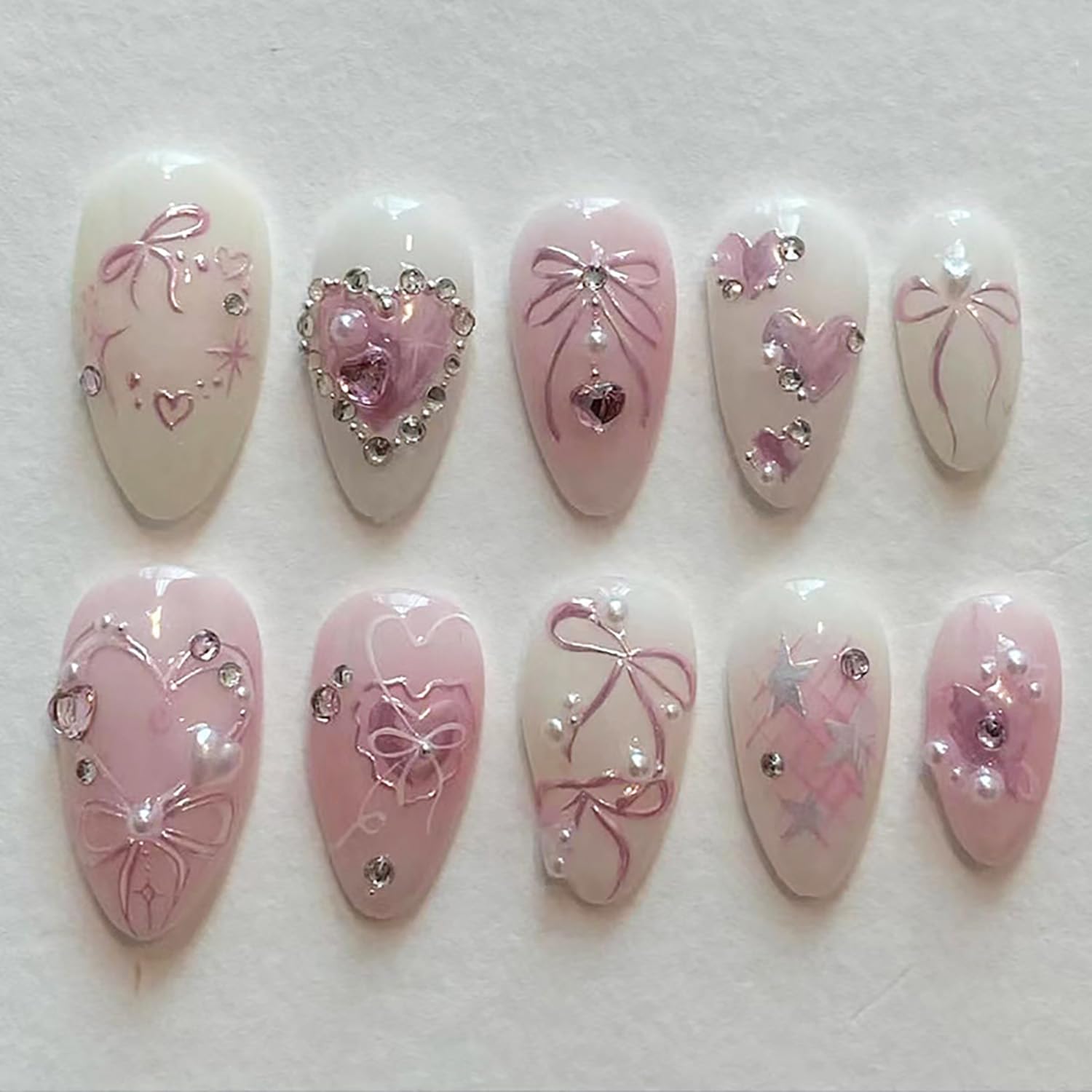 Pink Short Almond Press on Nails with 3D Heart Pearl, Rhinestones & Silver Star Glitter Designs - 24Pcs Flower Charm Fake Nails with Cute Bow for Women & Girls | Perfect for Parties, Weddings & Everyday Glam