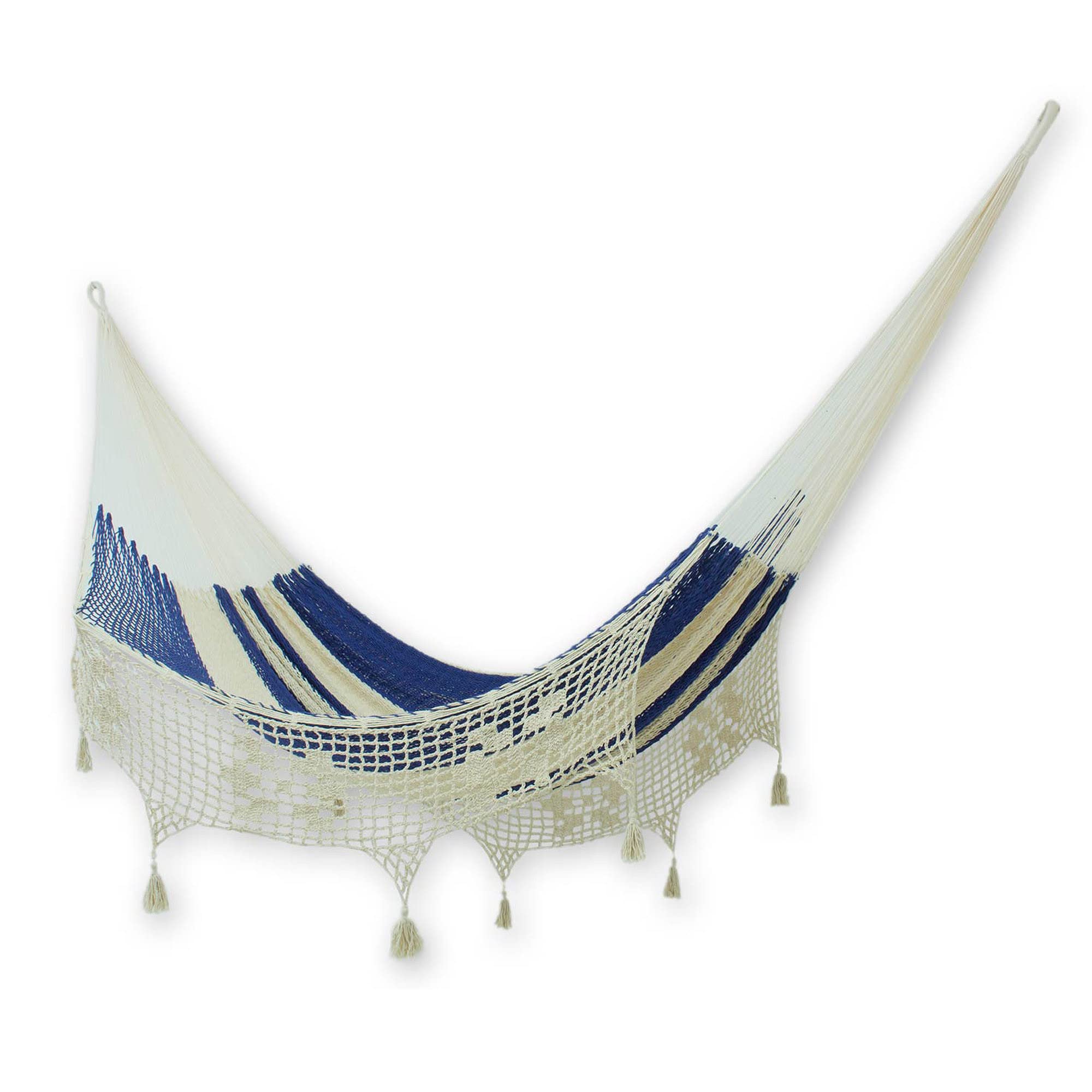 NOVICA Blue and White Striped Handwoven Cotton Mayan 2-Person XL Rope Hammock with Crochet Fringe - Double Size Hammock with Hanging Accessories for Backyard, Patio, Beach, and Poolside Relaxation