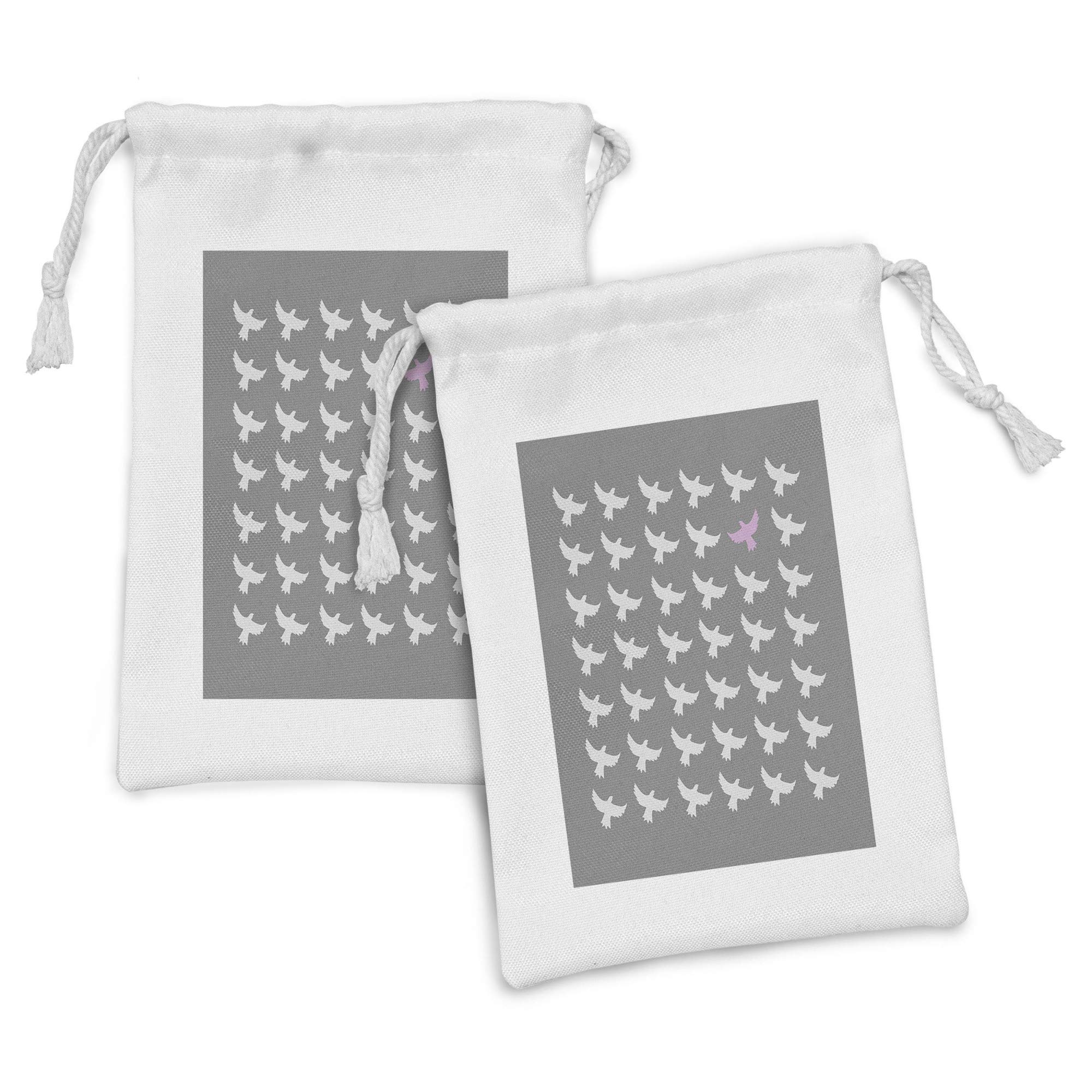 Ambesonne 2-Pack Bird Fabric Pouches - Grayscale Flying Birds Drawstring Bags (9