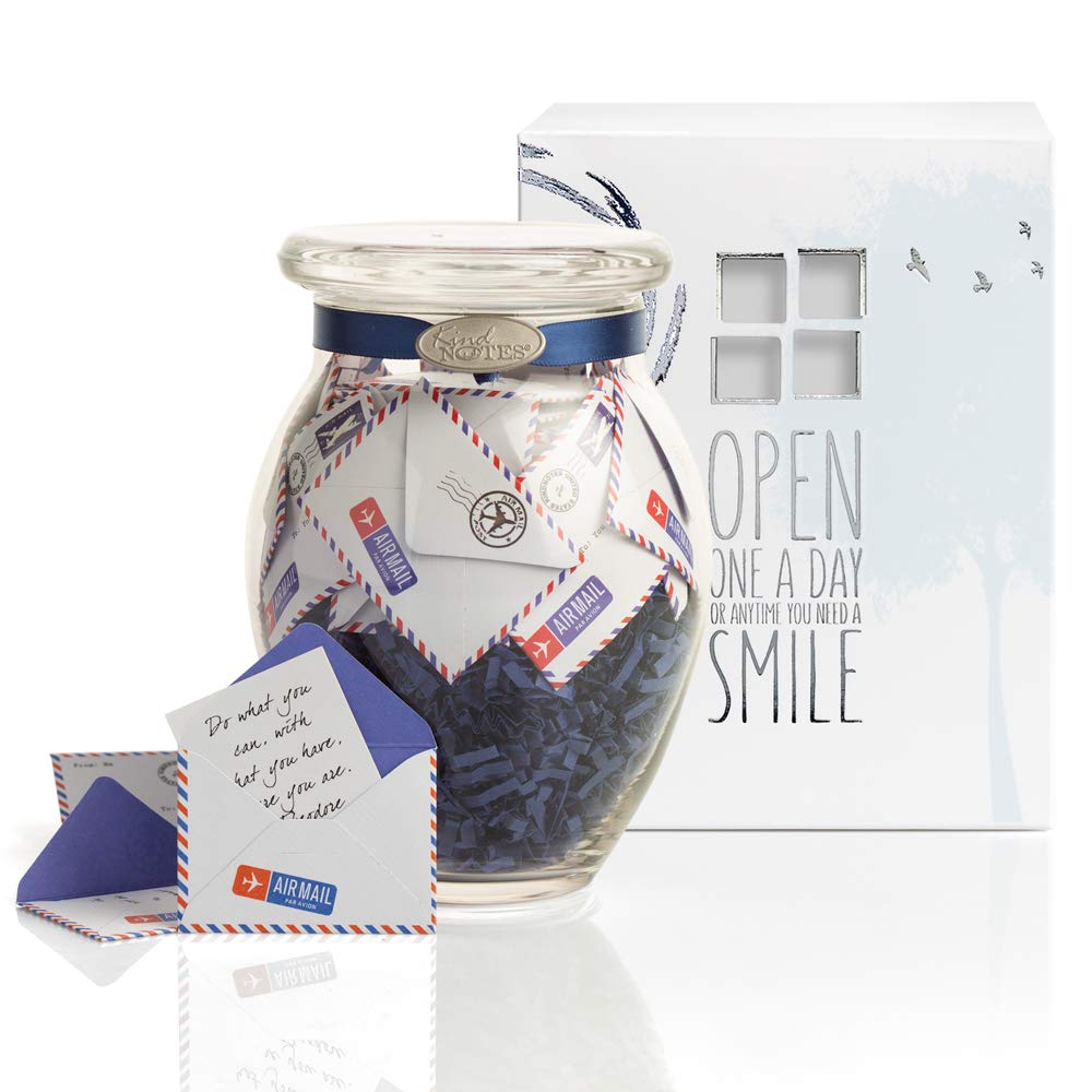KindNotes Glass Keepsake Gift Jar with Blank Papers for Handwritten Messages - Perfect for Wedding Favors, Birthday Gifts & Love Letters (Airmail Design)