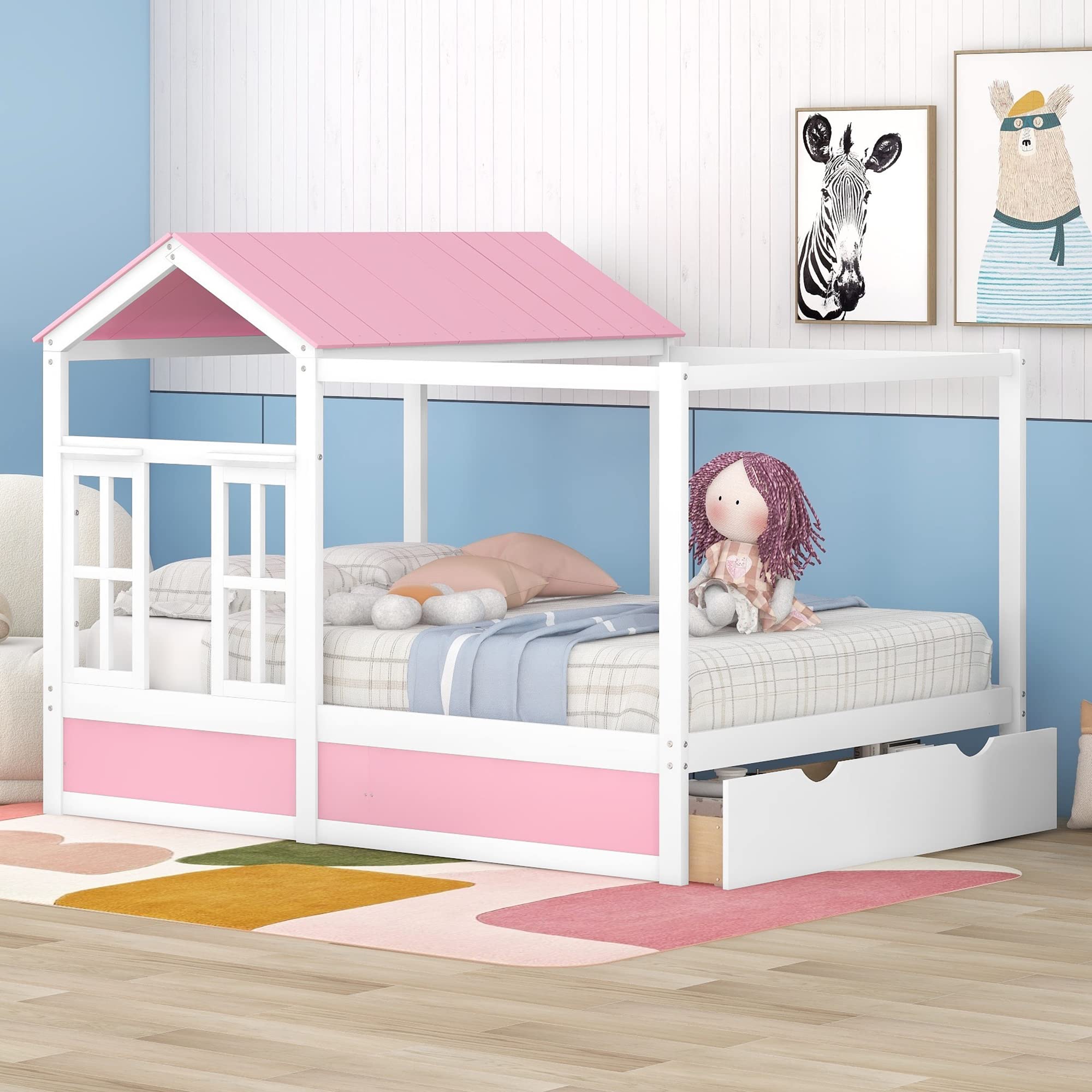 **MERITLINE Full Size Canopy Playhouse Bed for Kids - Wooden House Bed with Storage Drawers, Roof & Window - Montessori Bed Frame for Boys, Girls & Teens (Pink & White) - Perfect for Bedrooms, Playrooms & Imaginative Play**