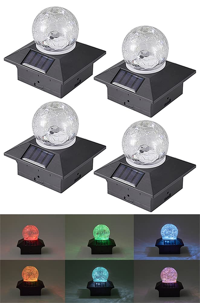 Solar Post Cap Lights with 2 Light Modes - Crackle Glass Ball Fence Lights for 3.5x3.5