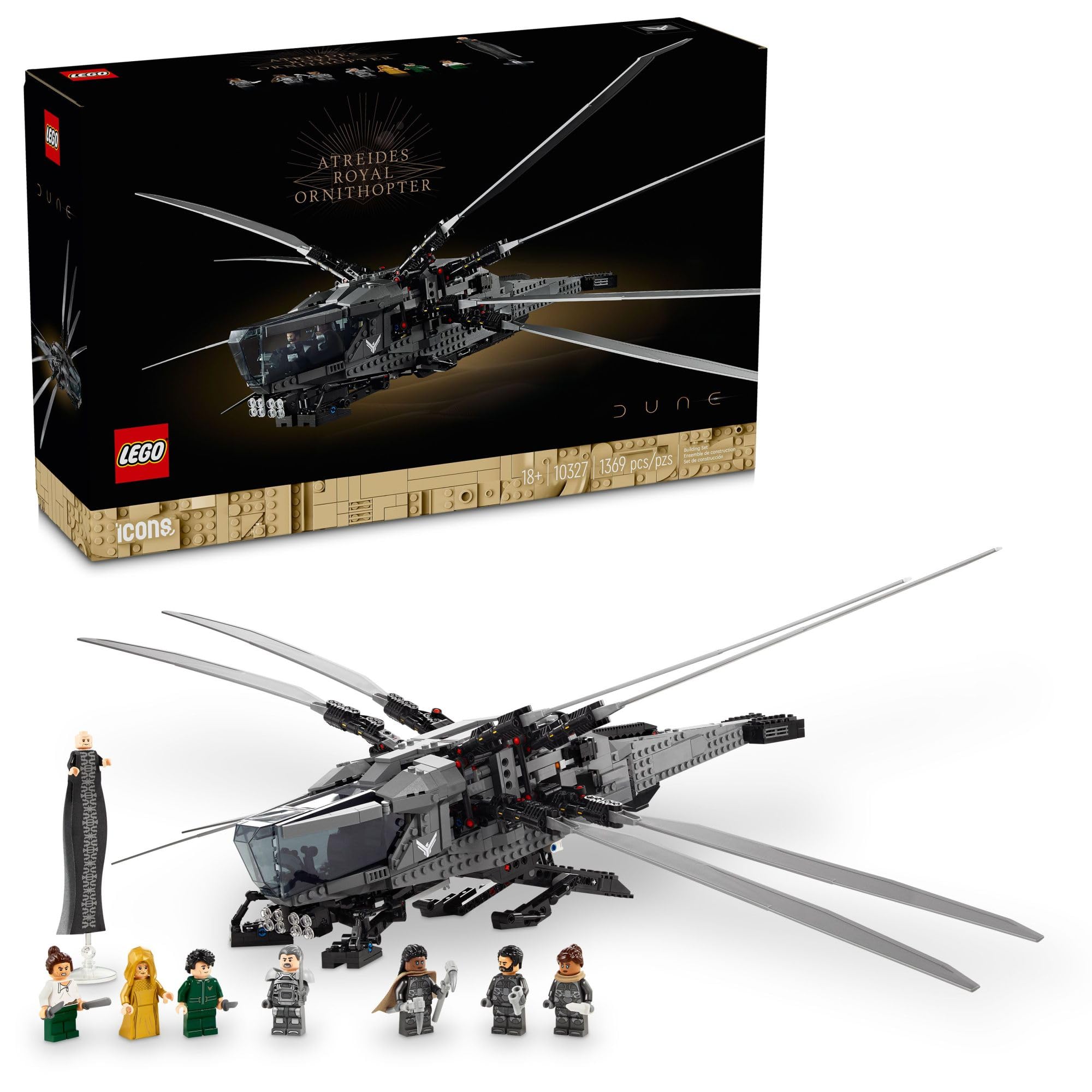 LEGO Icons Dune Atreides Royal Ornithopter Building Set | Collectible Sci-Fi Model Kit with 8 Minifigures (Chani, Baron Harkonnen) | Perfect Gift for Adult Dune Movie Fans | Display & Play for Home Office Decor & Sci-Fi Collections