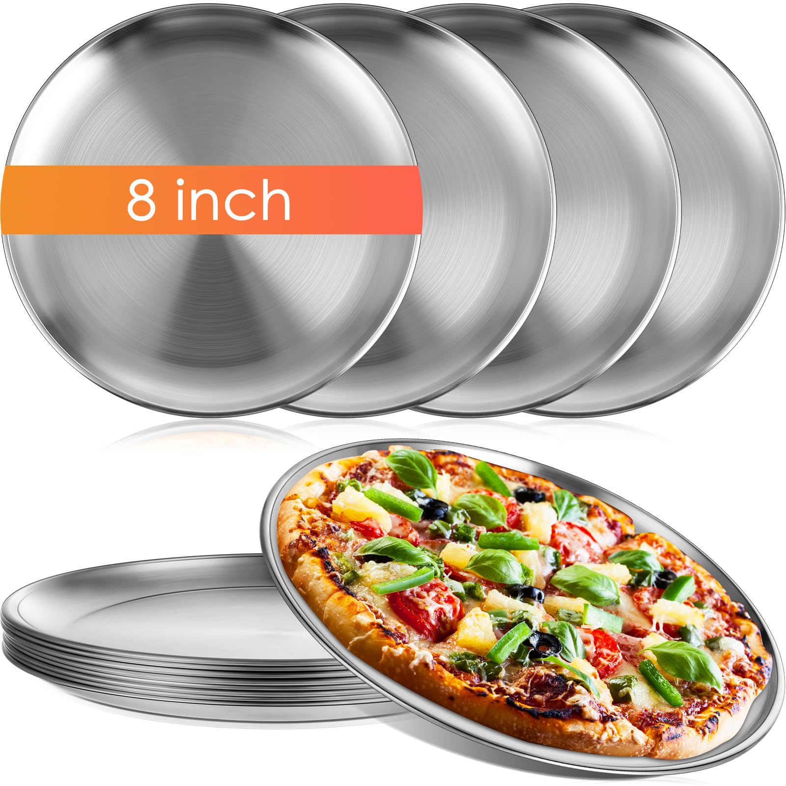 Thenshop 8-Piece 8-Inch Stainless Steel Pizza Pan Set - Round Baking Pans for Oven, Kitchen, Restaurant | Heavy Duty, Reusable & Easy Clean (Silver) | Perfect for Homemade Pizza, Cookies, Bread & Party Baking