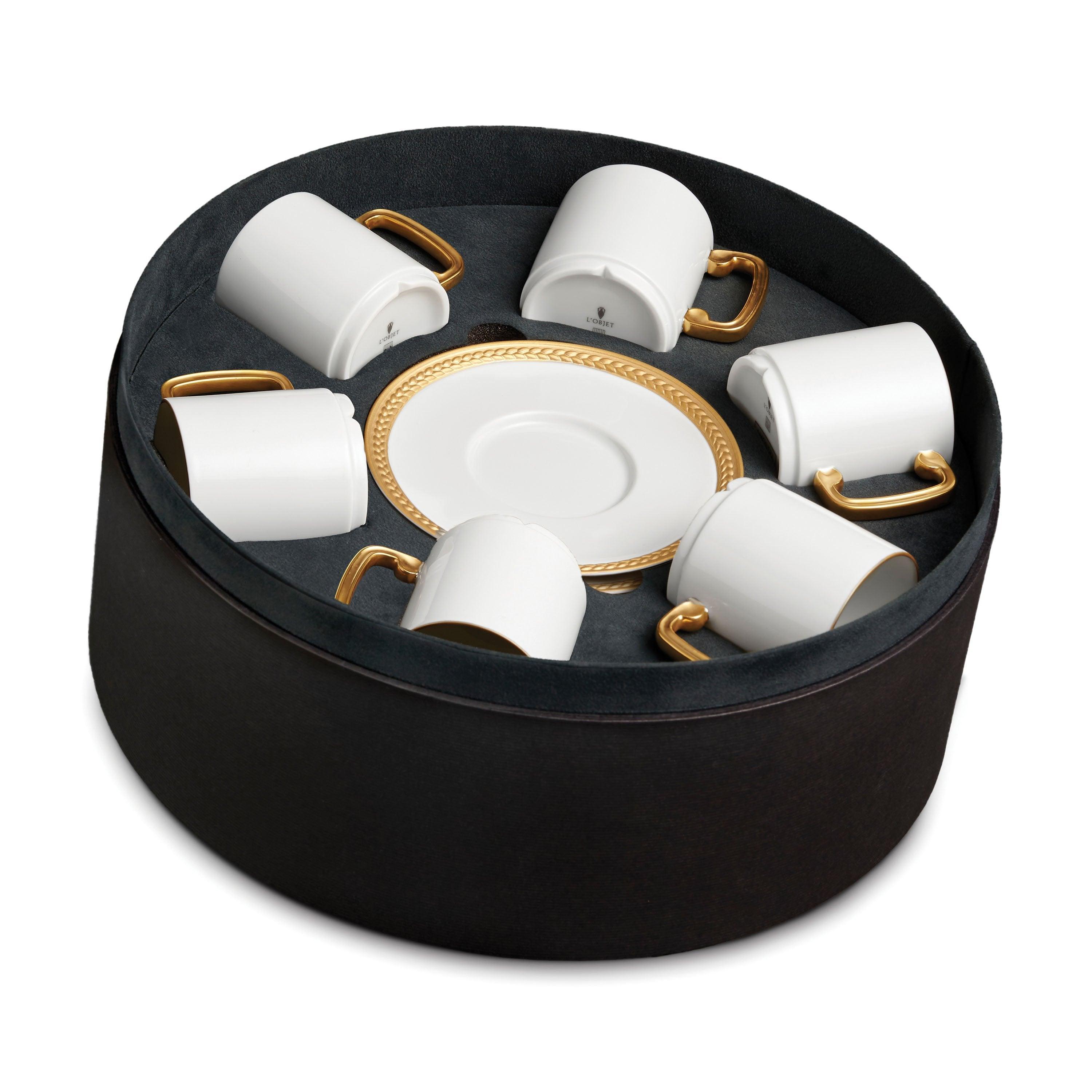 Braided Silk Espresso Cup and Saucer Set - 6 Piece Coffee Cups with Saucers for Espresso, Cappuccino & Latte - Elegant Home & Cafe Serving Set