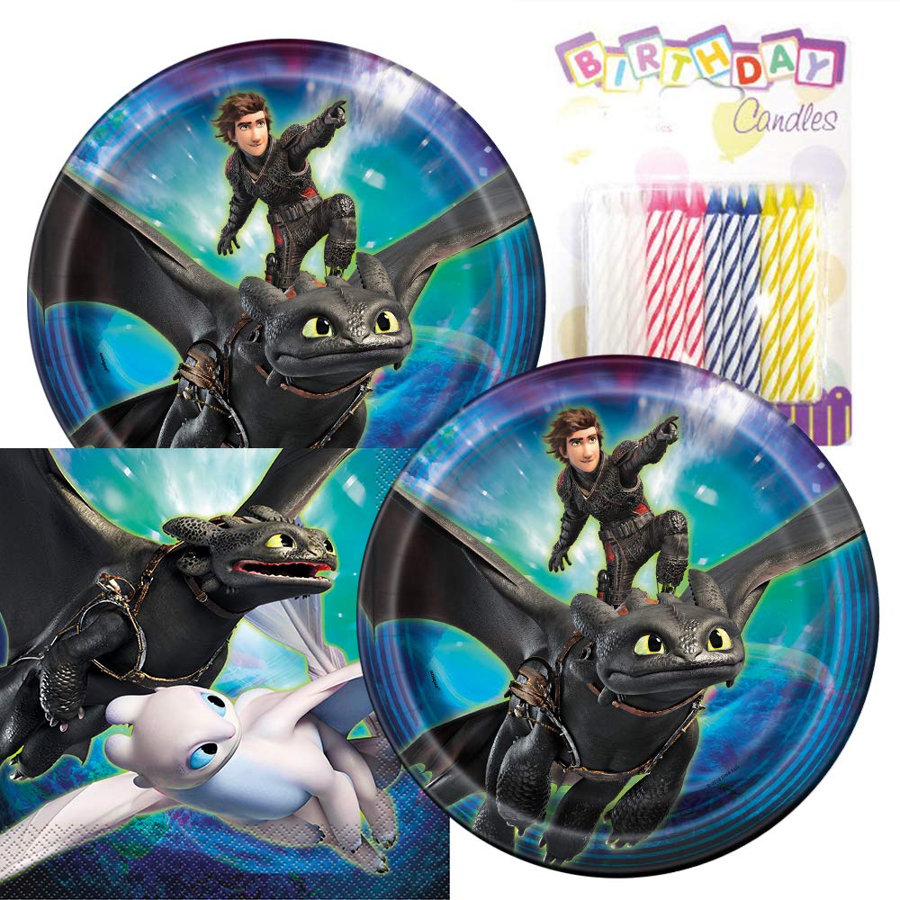 How to Train Your Dragon Party Supplies Set - 16-Piece Birthday Party Kit with Dragon-Themed Paper Plates, Luncheon Napkins & 24 Candles - Perfect for Kids' Birthday Parties, Themed Events & Movie Nights