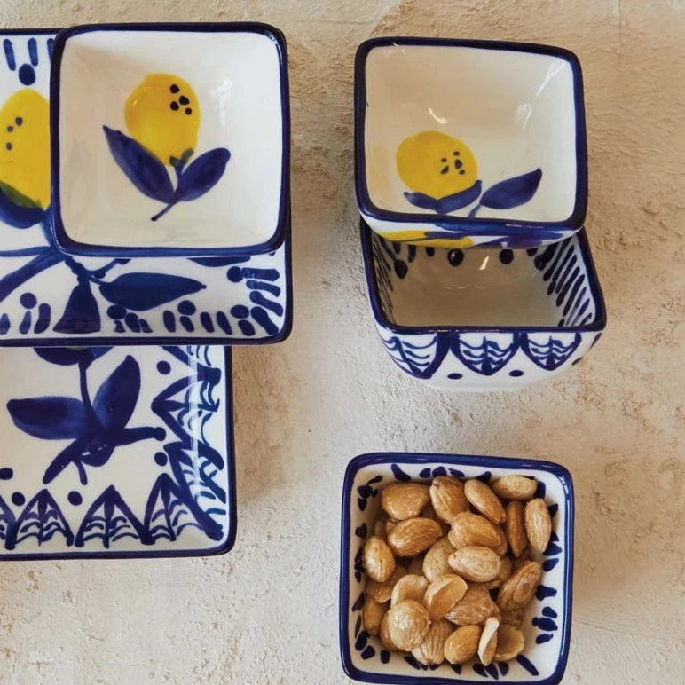Hand Painted Lemons Stoneware Bowl Set - 4 Piece Ceramic Serving Bowls for Salad, Soup & Dessert - Farmhouse Kitchen Decor & Dining Tableware