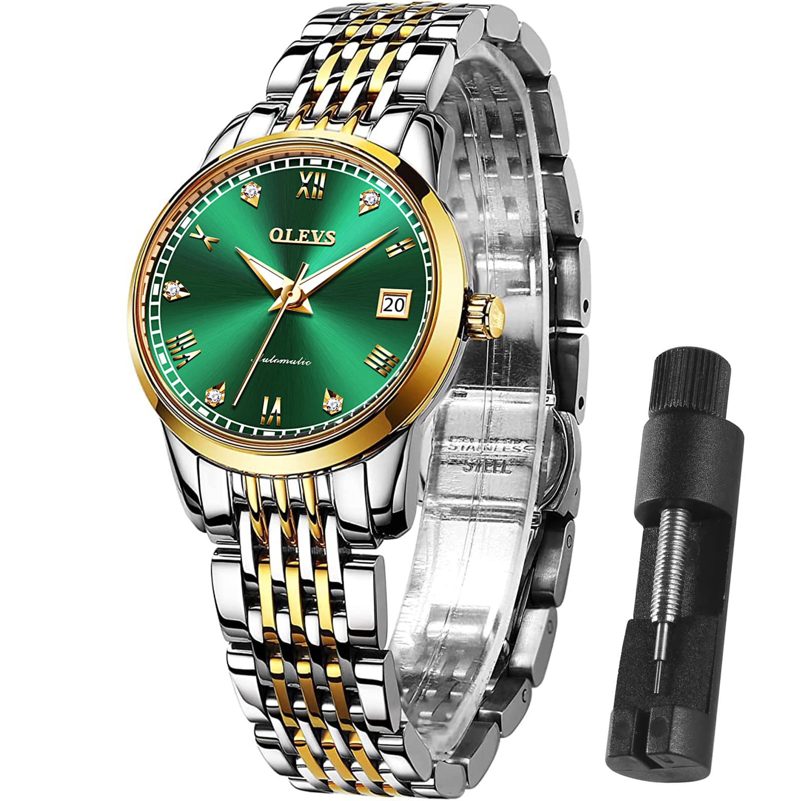OLEVS Women's Automatic Watch with Arabic Numerals - Easy Reader Stainless Steel Bracelet, Gold Luxury Dress Watch - Waterproof Small Face Wristwatch for Women | Perfect for Office, Formal Events & Everyday Wear