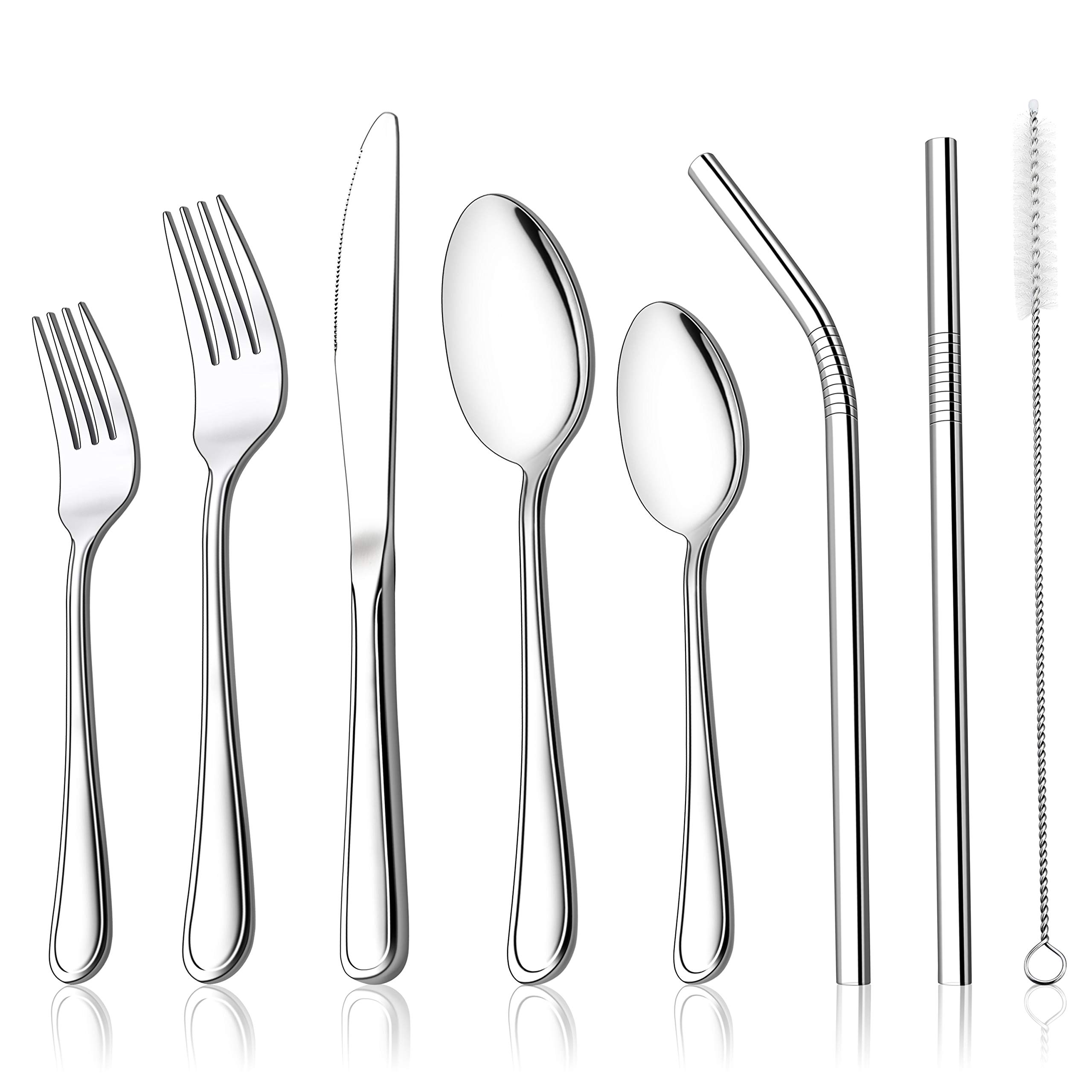 78-Piece Stainless Steel Silverware Set with Reusable Metal Straws - 12-Person Flatware Cutlery Set Including Knives, Spoons & Forks - Dishwasher Safe Tableware for Parties, Picnics & Everyday Dining