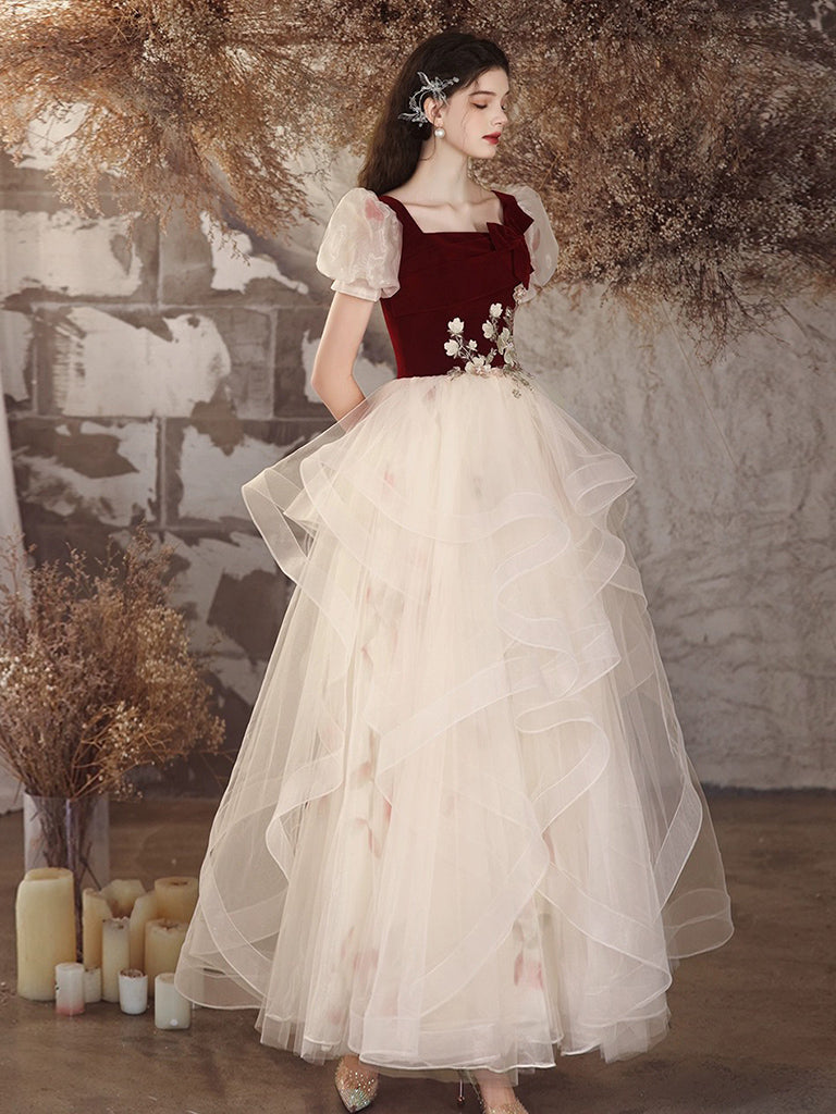 Elegant A-Line Tulle Velvet Burgundy and Champagne Long Prom Dress for Sweet 16 Party, Homecoming, Quinceañera & Formal Events