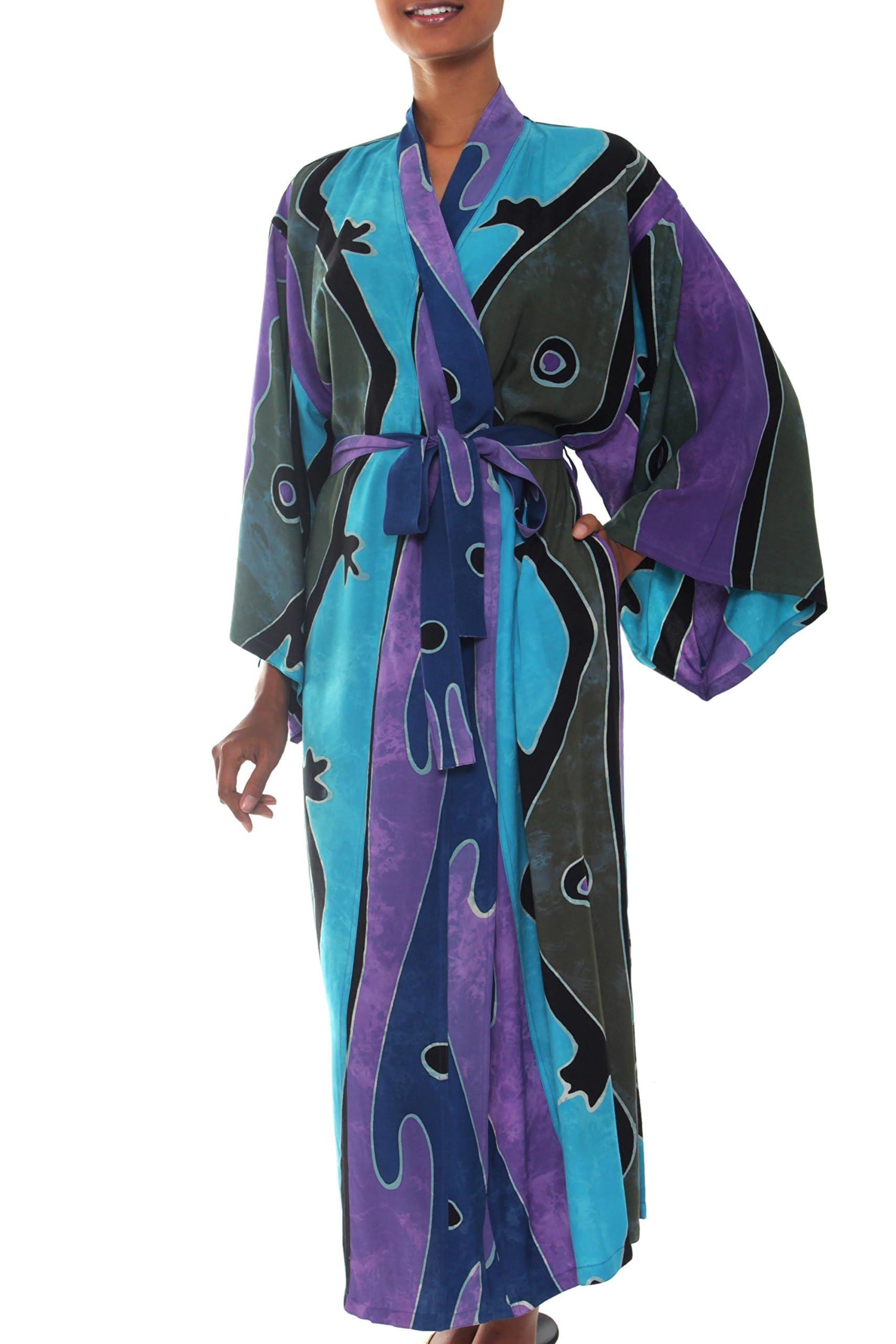 Handpainted Batik Robe for Women - Indonesian Artisan Made Cotton Kimono - Perfect for Spa, Beach Cover-Up & Boho Loungewear
