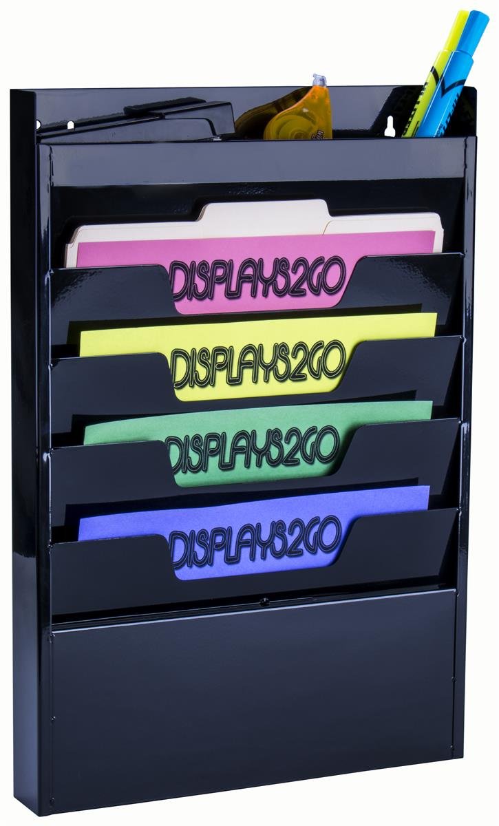 Displays2go 4-Tier Black Powder Coated Steel Wall Rack - File Folder & Magazine Organizer for Office Storage & Home Organization