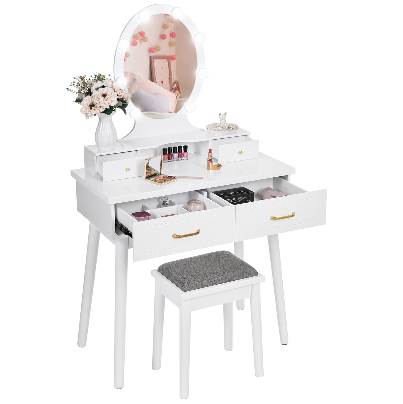 ANWBROAD LED Lighted Vanity Set with Mirror - Makeup Vanity Desk with 4 Drawers, Cushioned Stool & Jewelry Storage - White Bedroom Vanity Table (UBDT02L) | Perfect for Makeup Application, Jewelry Organization & Home Decor