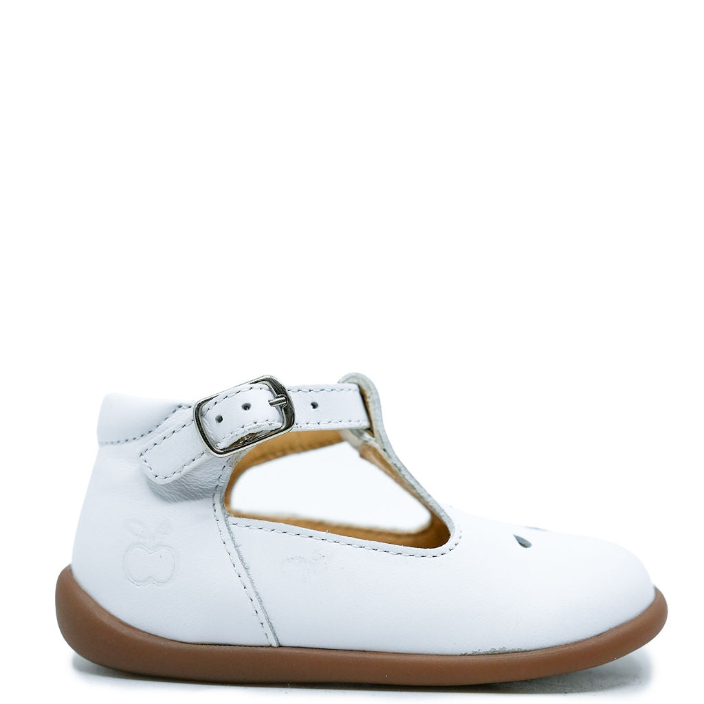 Pom D'Api White Leather T-Strap Baby Shoes for Girls & Boys – Soft & Comfortable First Walkers – Perfect for Special Occasions & Everyday Wear