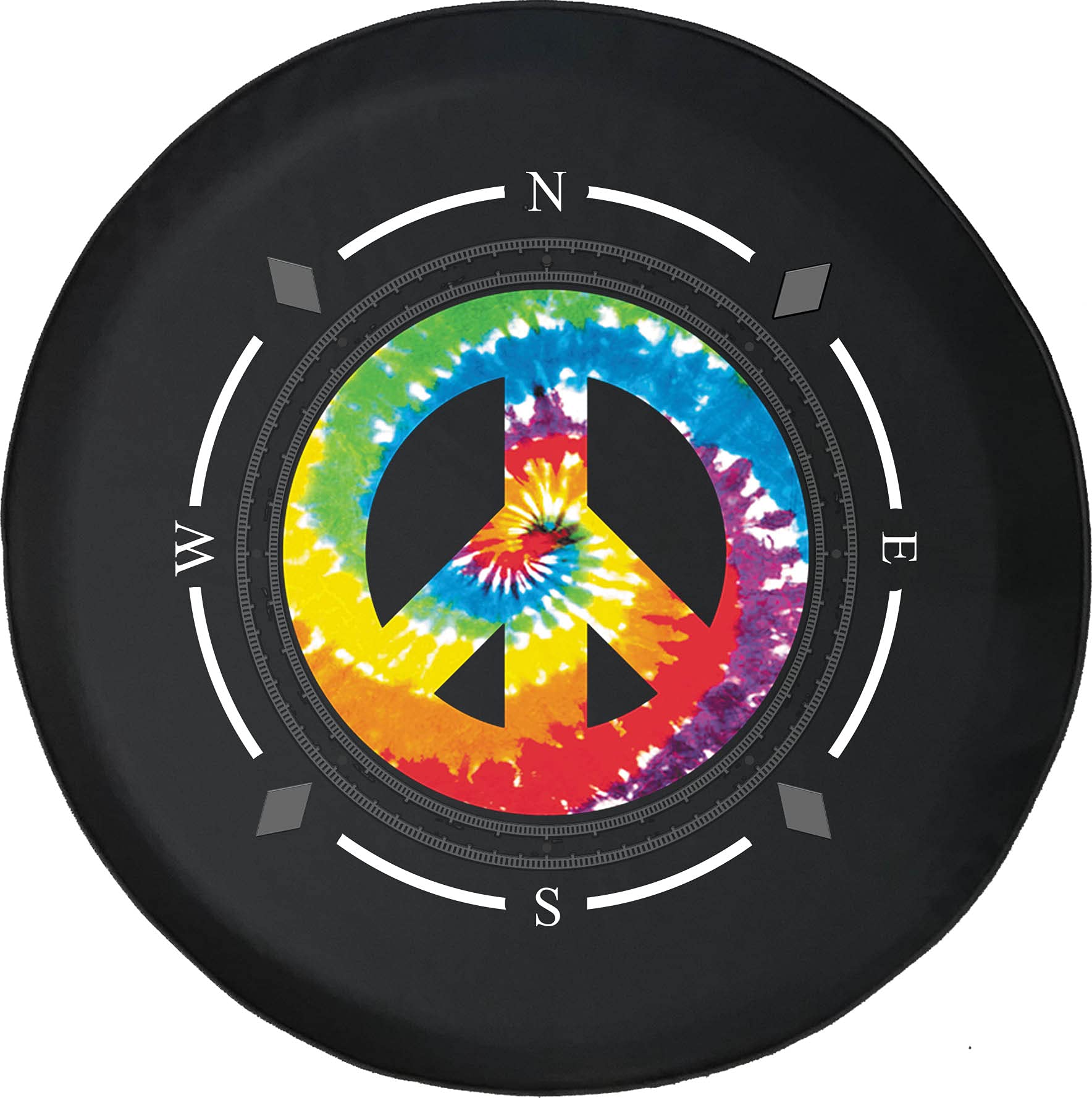 American Unlimited Spare Tire Cover with Compass & Tie Dye Peace Sign Design - Universal Fit for SUVs, Trailers, RVs & Most Vehicles | Waterproof & UV Resistant Wheel Protection for Outdoor Adventures & Road Trips