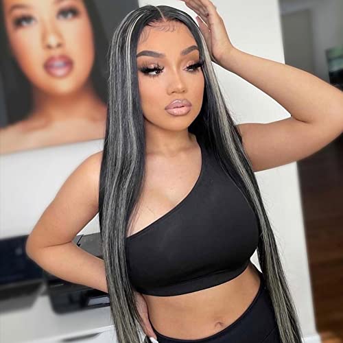 18 Inch Highlight Grey Straight V Part Human Hair Wig - Brazilian Virgin Hair for Black Women | Glueless Full Head Clip-In Half Wig | No Leave Out, No Glue Needed | Perfect for Daily Wear, Parties & Special Occasions