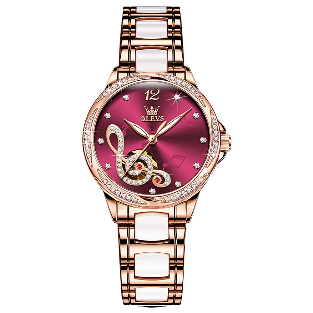 OLEVS Automatic Women's Watches with Calendar & Luminous Hands - Ceramic Band Mechanical Wristwatch for Ladies | Perfect for Office, Evening Events & Daily Wear